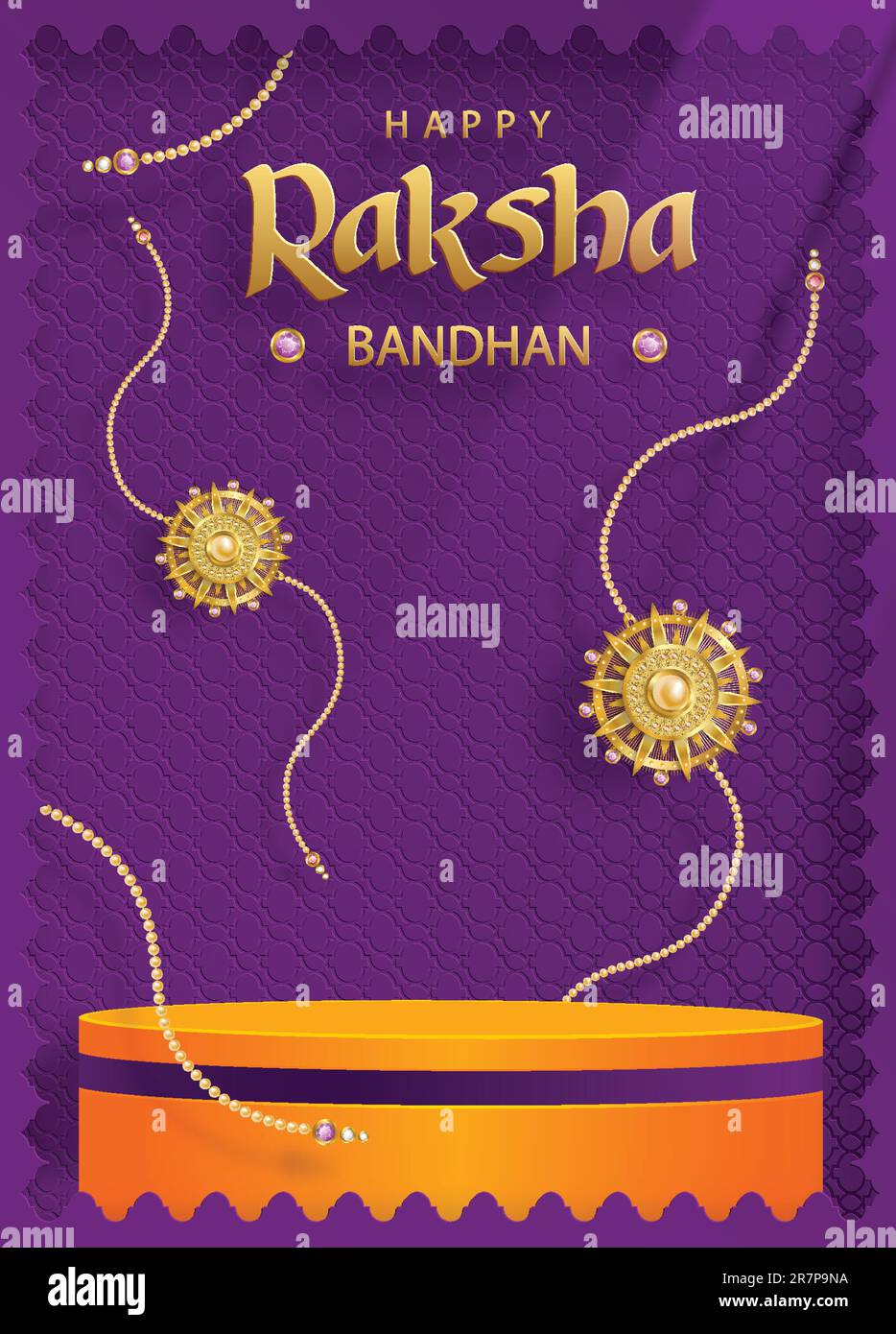 3D tappa a podio rotonda per Happy Raksha Bandhan, il tradizionale festival indiano con elementi Rakhi e cristallo su sfondo colorato Illustrazione Vettoriale