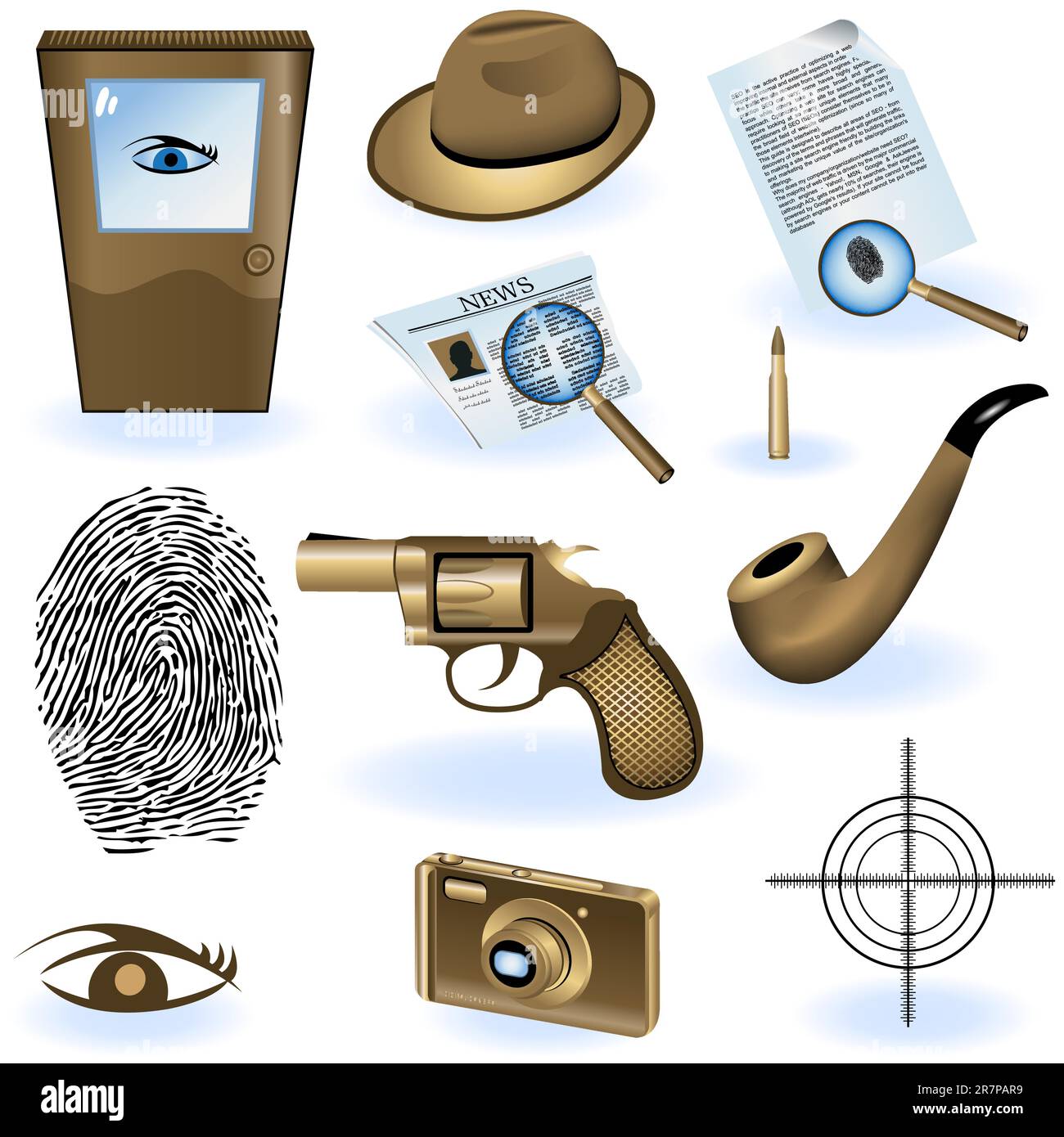 Una raccolta di diverse icone investigative private. Illustrazione Vettoriale