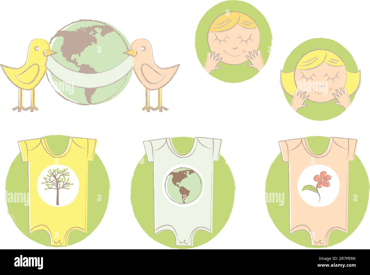 Un set di illustrazioni rispettose della terra di vestiti, volti e uccelli con uno striscione intorno alla terra. Illustrazione Vettoriale