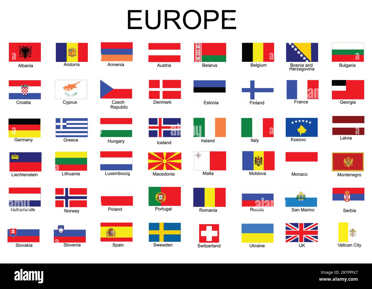 Elenco di tutti i paesi europei le bandiere Illustrazione Vettoriale