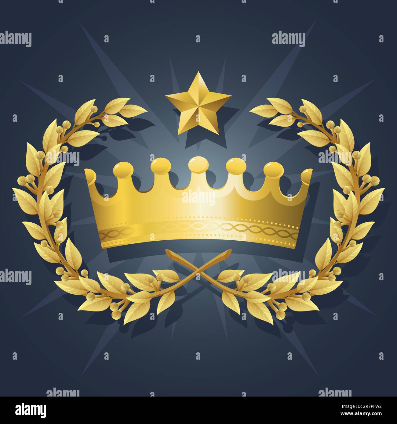 Illustrazione vettoriale di Gold King Crown con Quality Laurel Wreath e Champion Star. Le rappresentazioni includono: Potenza, successo, Vittoria, qualità, Fir... Illustrazione Vettoriale