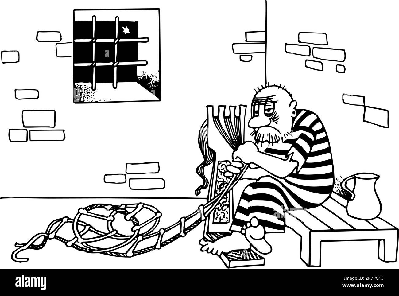 Il prigioniero sta per fuggire dalla prigione con una scala fatta in casa Illustrazione Vettoriale