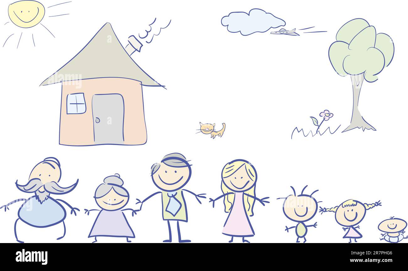 Una famiglia felice, un disegno per bambini. Illustrazione vettoriale. Illustrazione Vettoriale