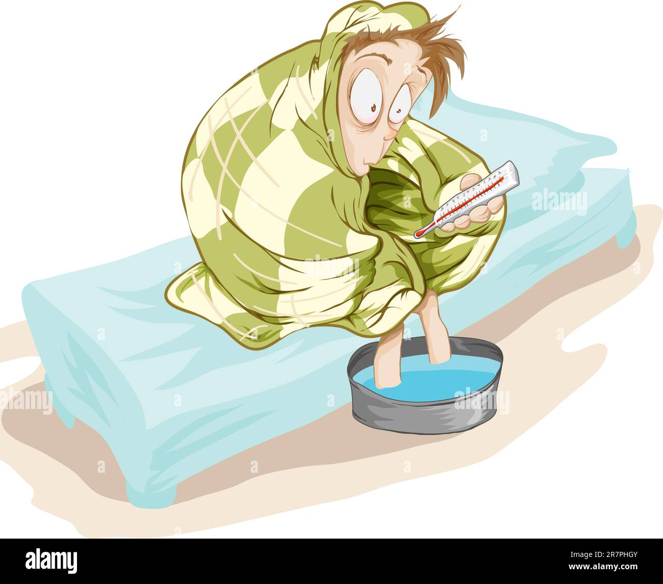 Un amico si siede su un letto con una temperatura molto alta. Illustrazione vettoriale. Illustrazione Vettoriale
