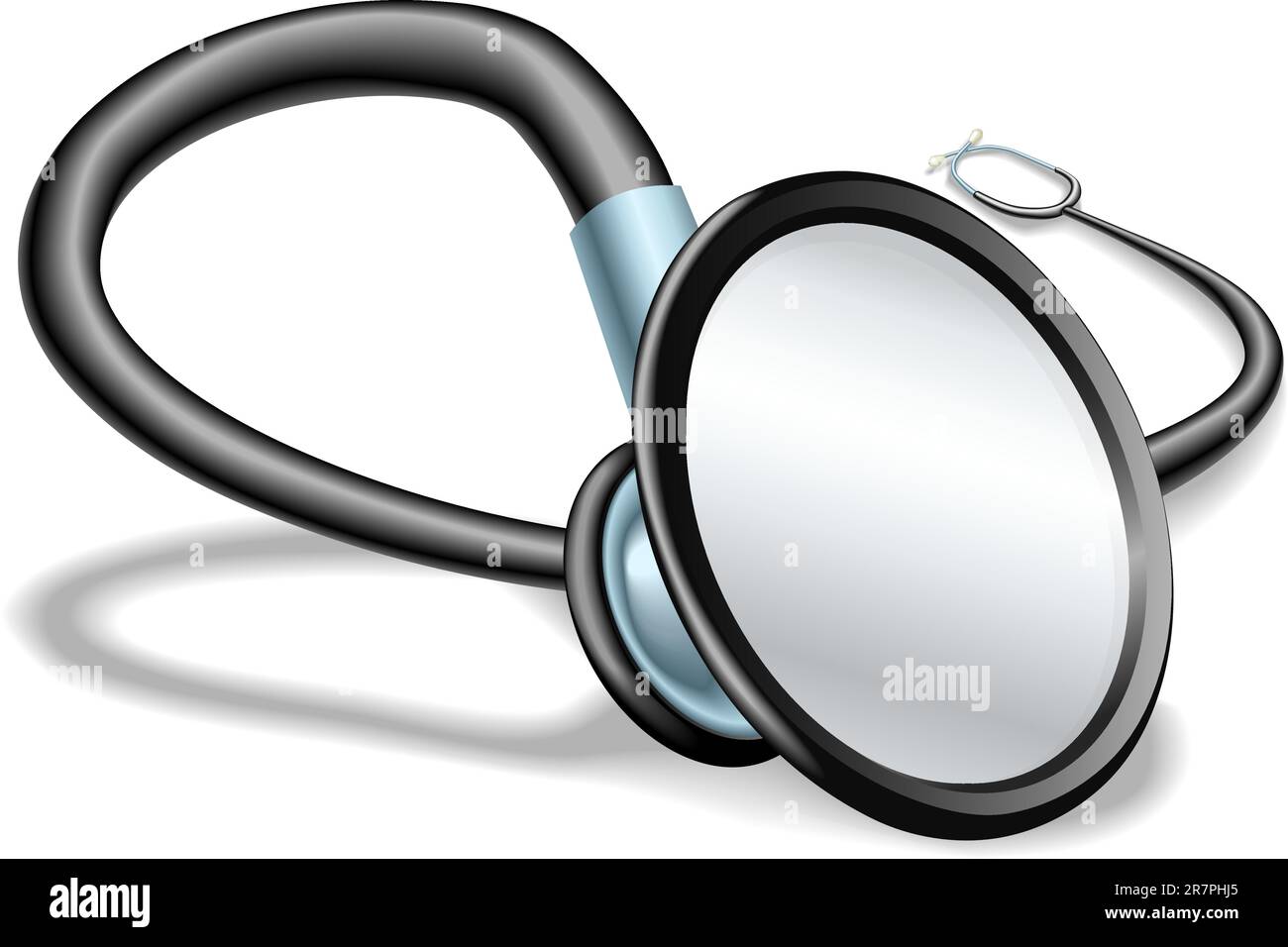 Illustrazione di uno stetoscopio medico con una prospettiva esagerata. Camera per qualche testo sulla sua faccia. Illustrazione Vettoriale