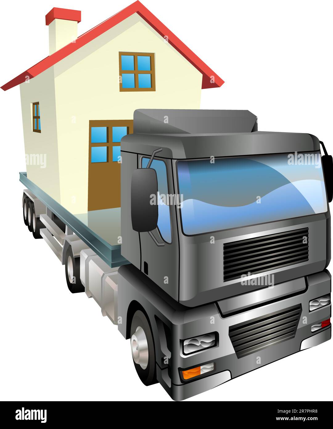 Una casa o casa caricato sul retro di un camion o di un autocarro. Casa in movimento concetto. Illustrazione Vettoriale