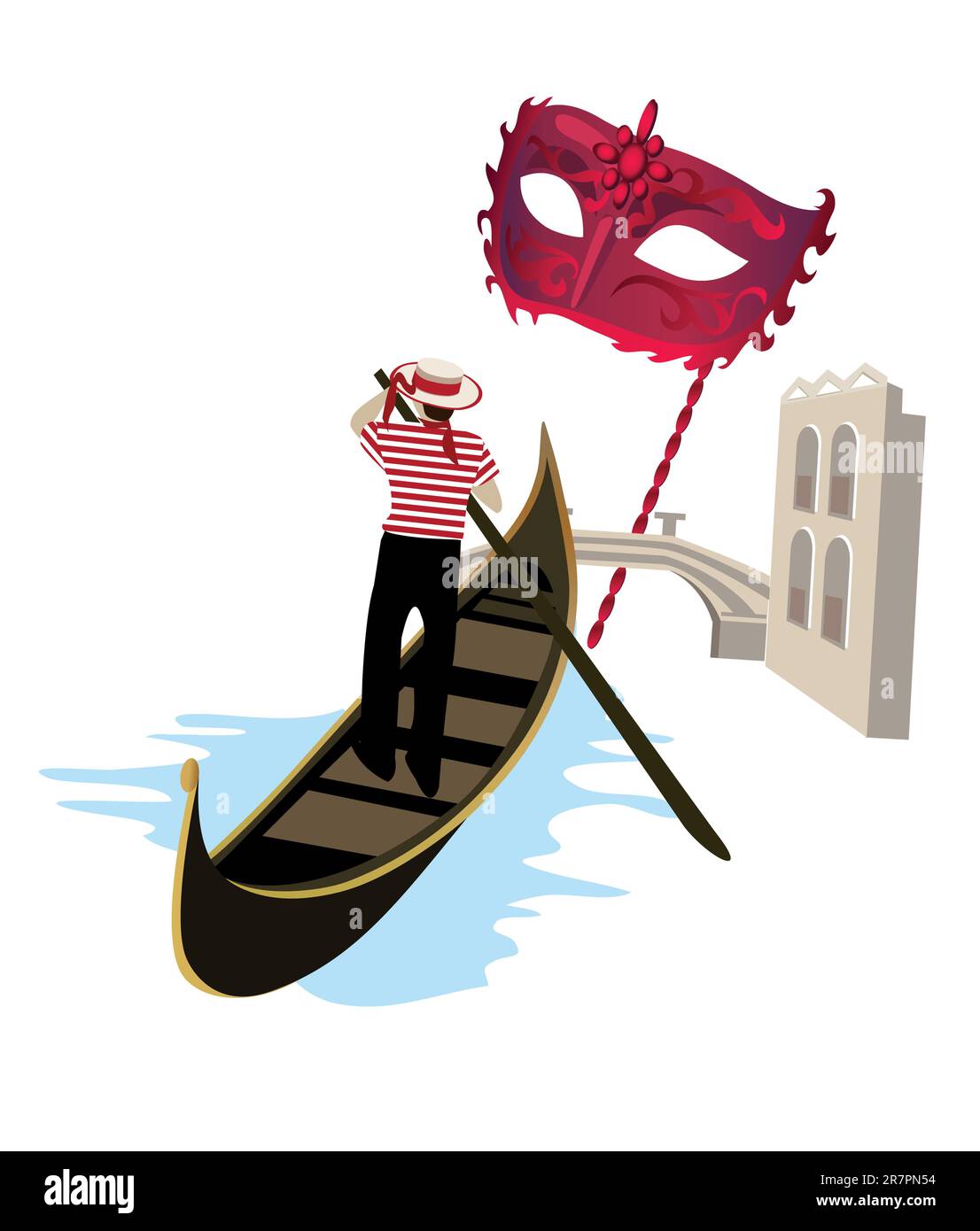Venezia vista sul canale con un gondoliere sul suo gondola e una maschera Illustrazione Vettoriale