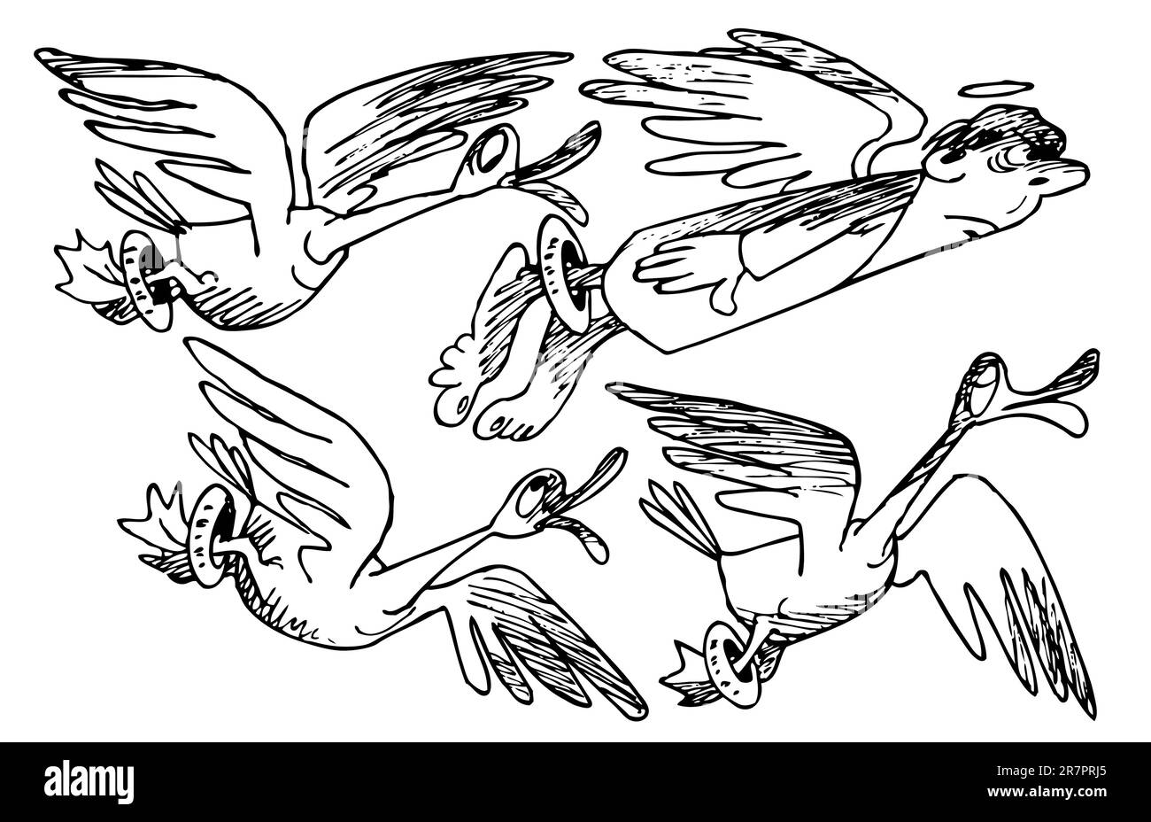 Gregge di uccelli con l'uomo santo nel cielo Illustrazione Vettoriale