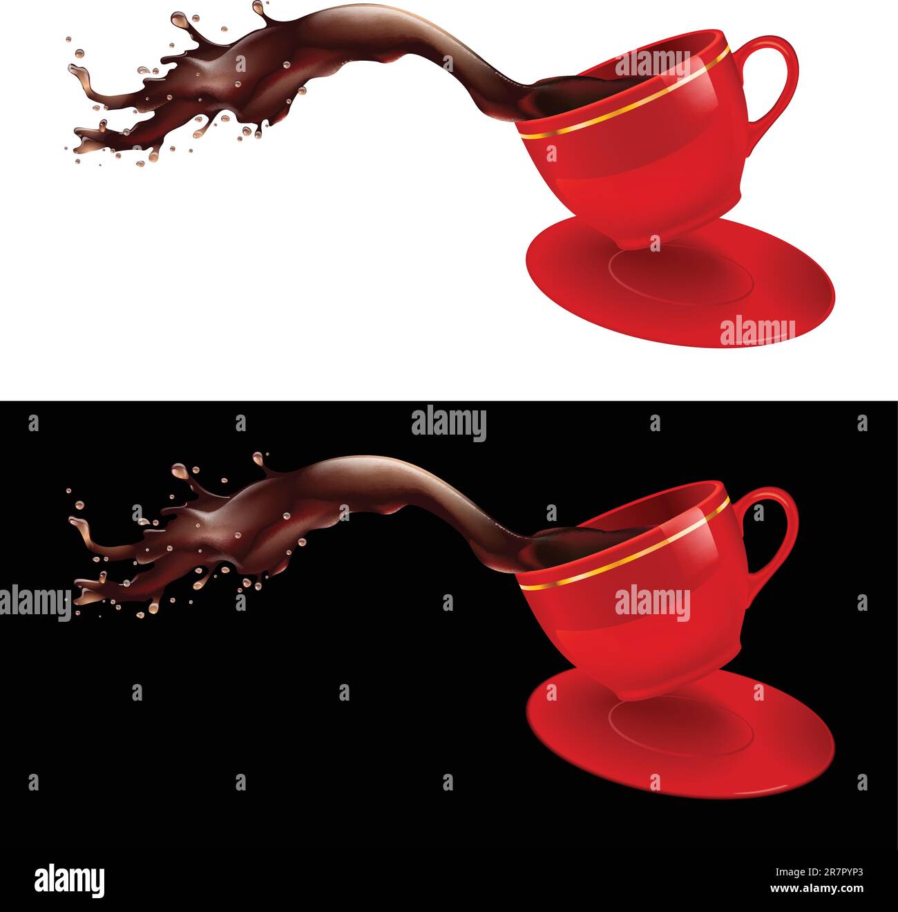 Immagine vettoriale di un caffè che fuoriesce da una tazza. Design rosso. Illustrazione Vettoriale