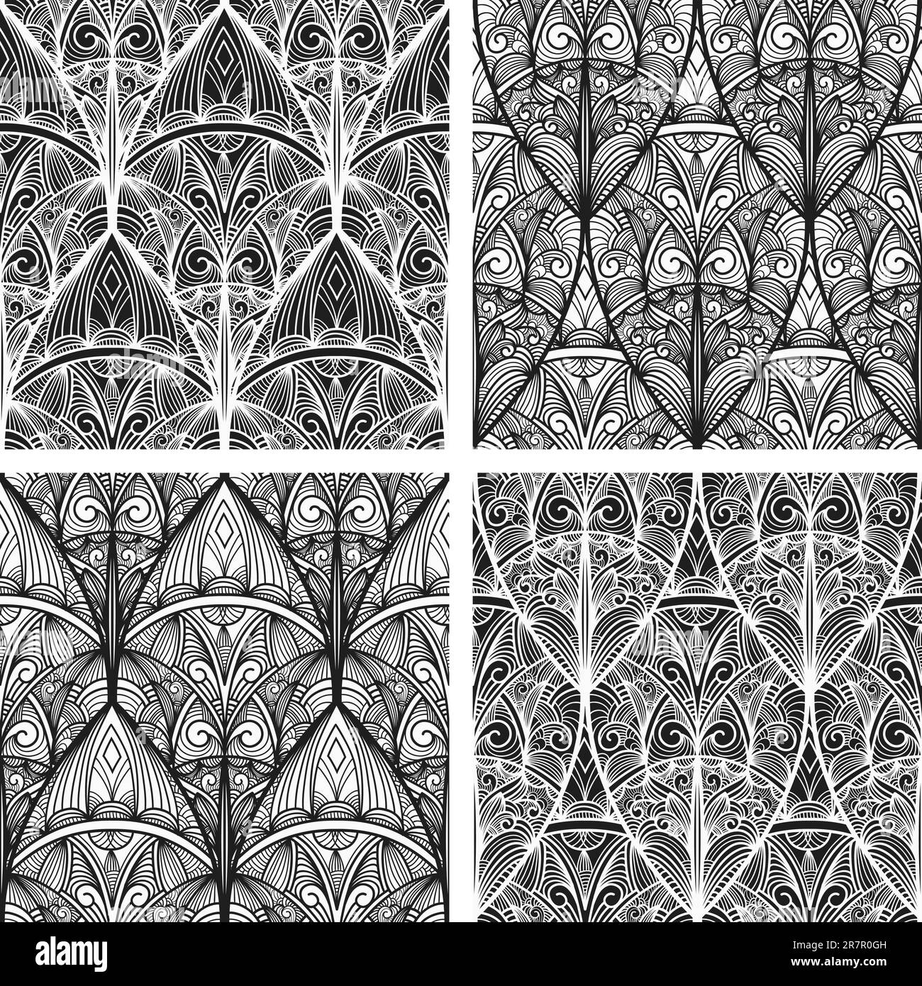 Vector disegnati a mano orientale senza giunture motivi floreali, monocromatico Illustrazione Vettoriale