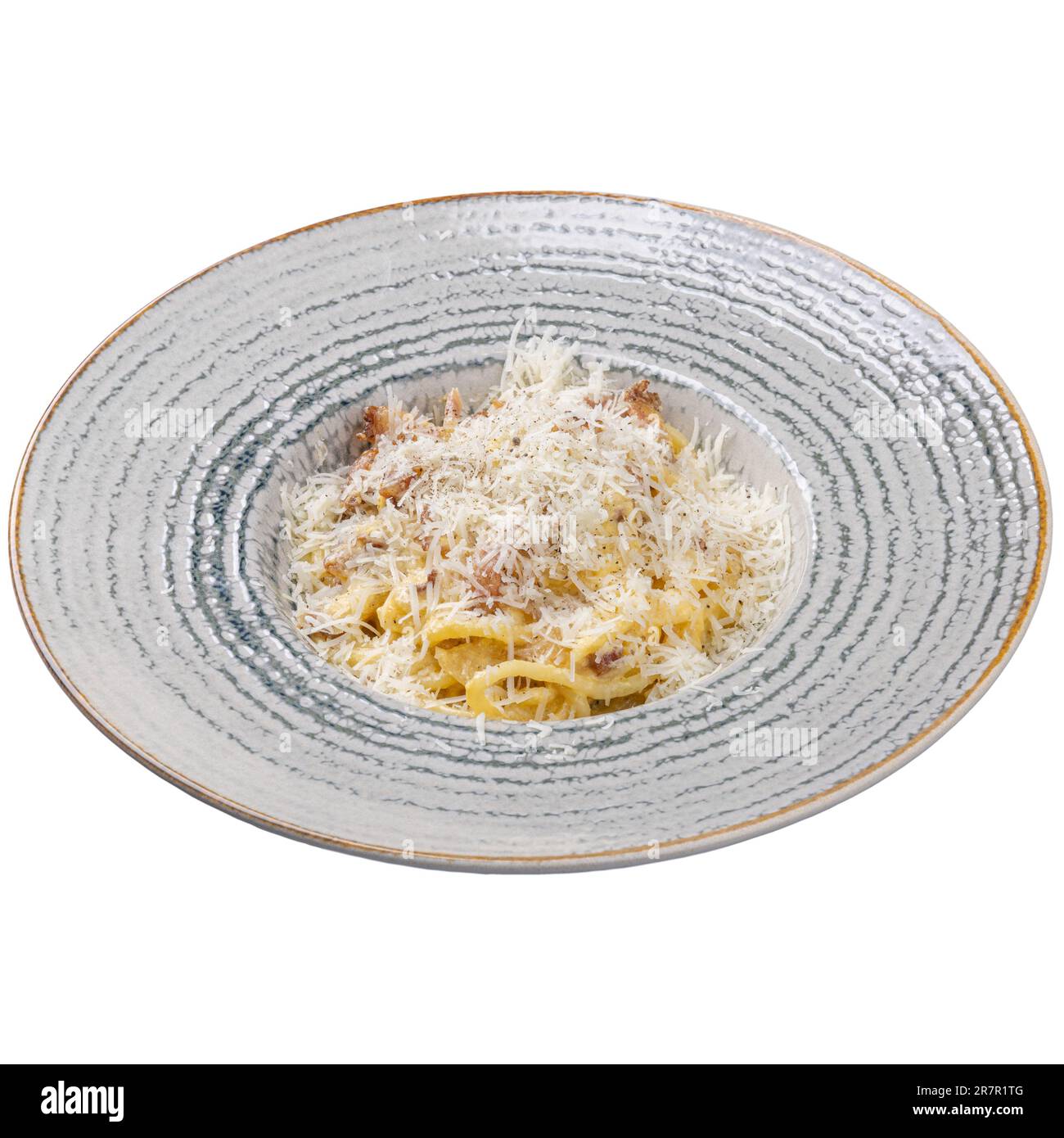 Pasta carbonara, menu di pasta del ristorante su sfondo bianco Foto Stock