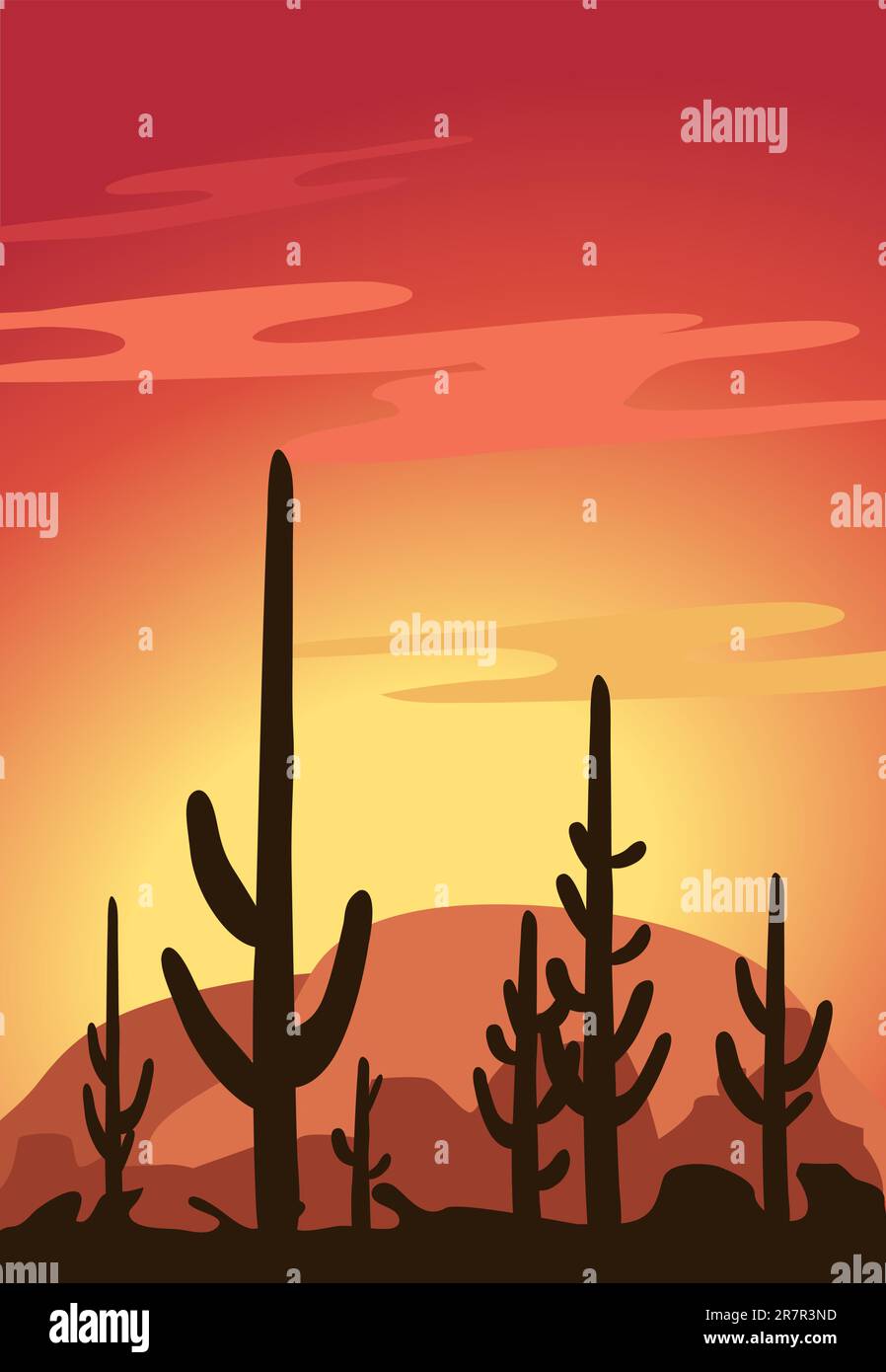 Un latino-americano di scena nel deserto con rocce e cactus Illustrazione Vettoriale