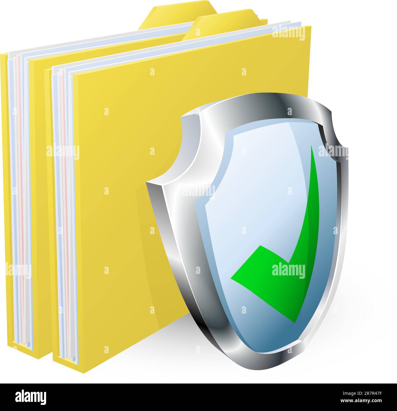 Cartella protetta concetto di documento. File con segno di spunta di colore verde icona dello scudo. Illustrazione Vettoriale