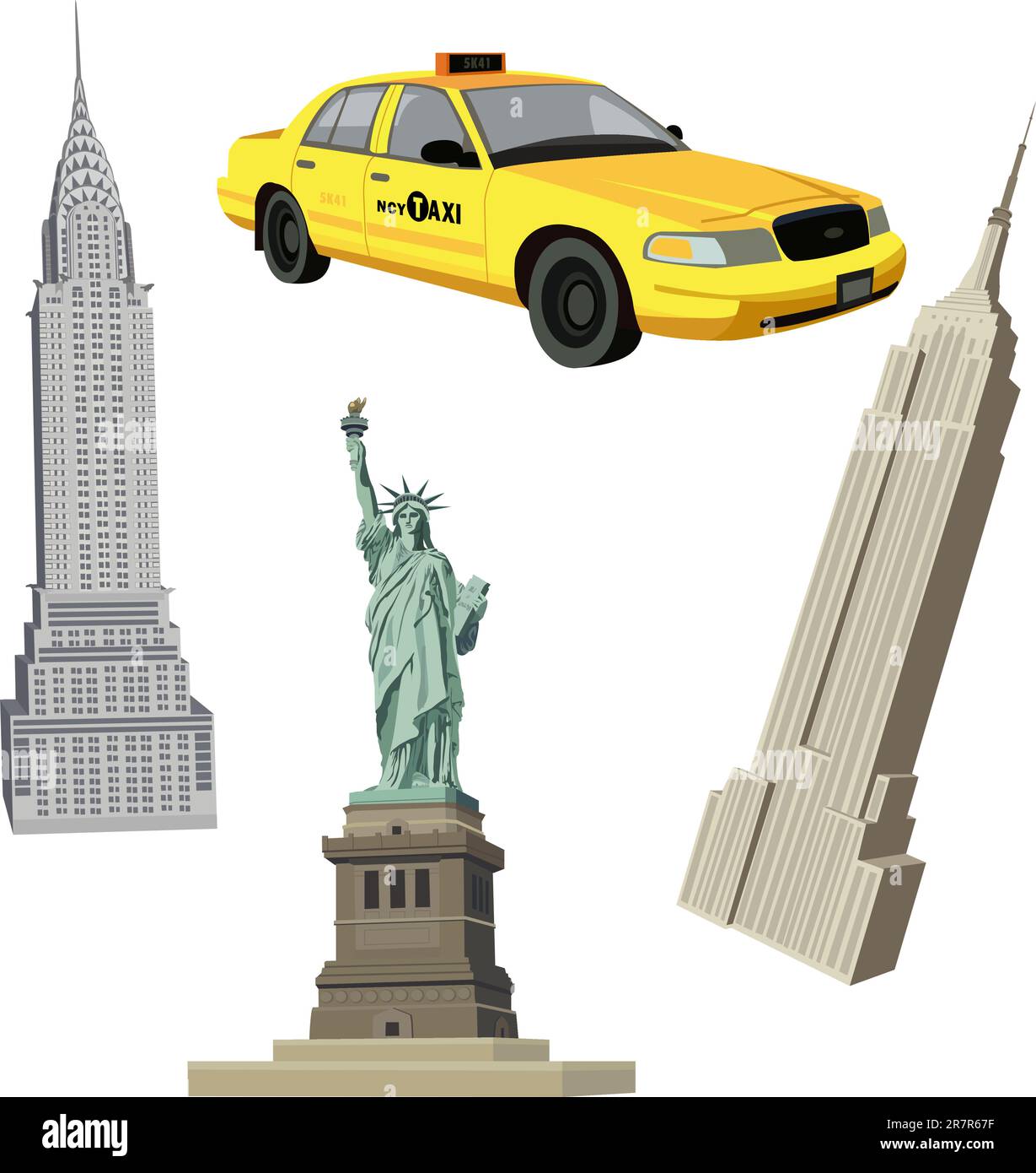 Illustrazione con Statua della libertà, Chrysler, Empire State Buildings e un taxi di New York Illustrazione Vettoriale