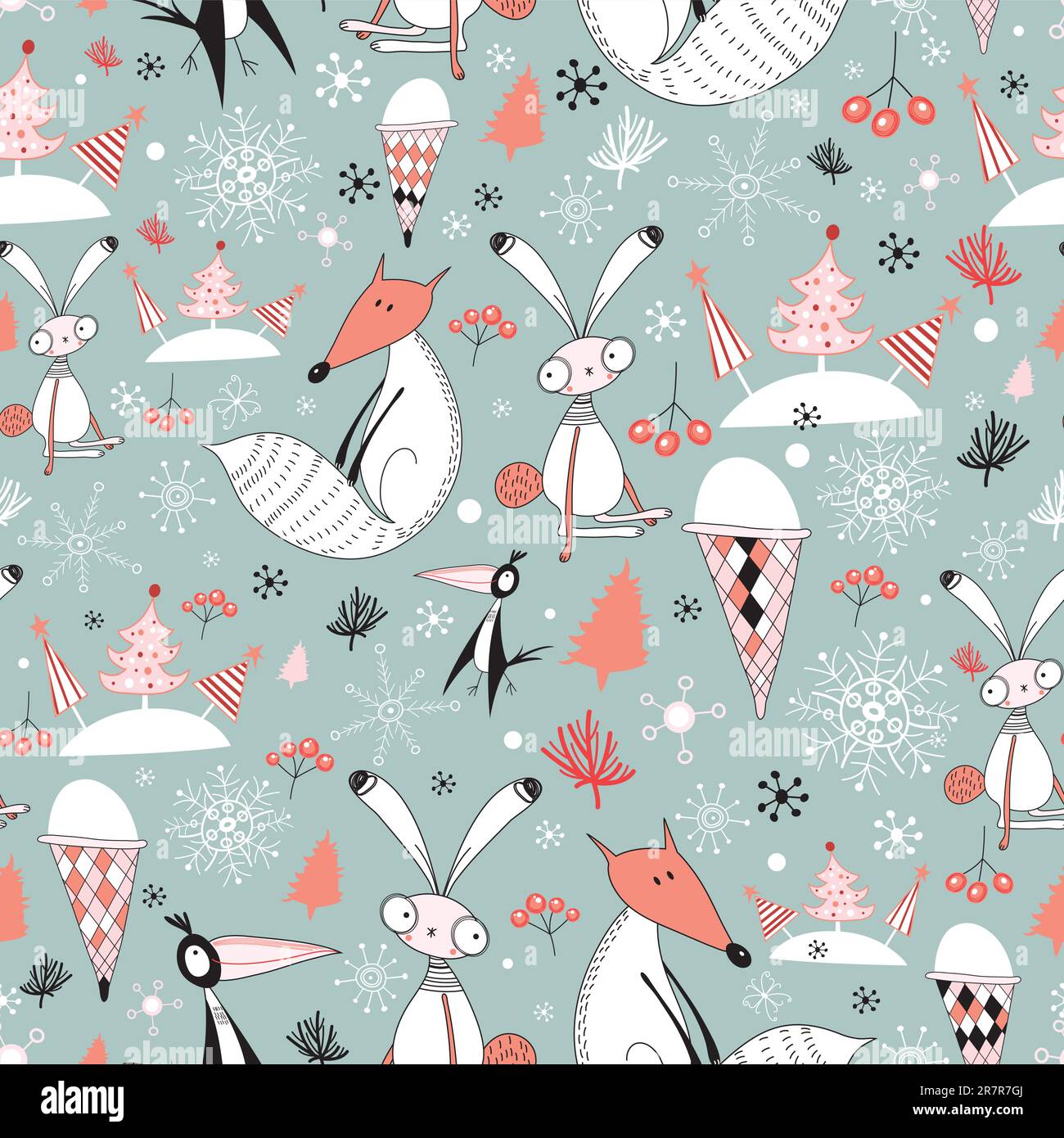 modello senza cuciture di volpi e lepri sullo sfondo con fiocchi di neve e alberi Illustrazione Vettoriale