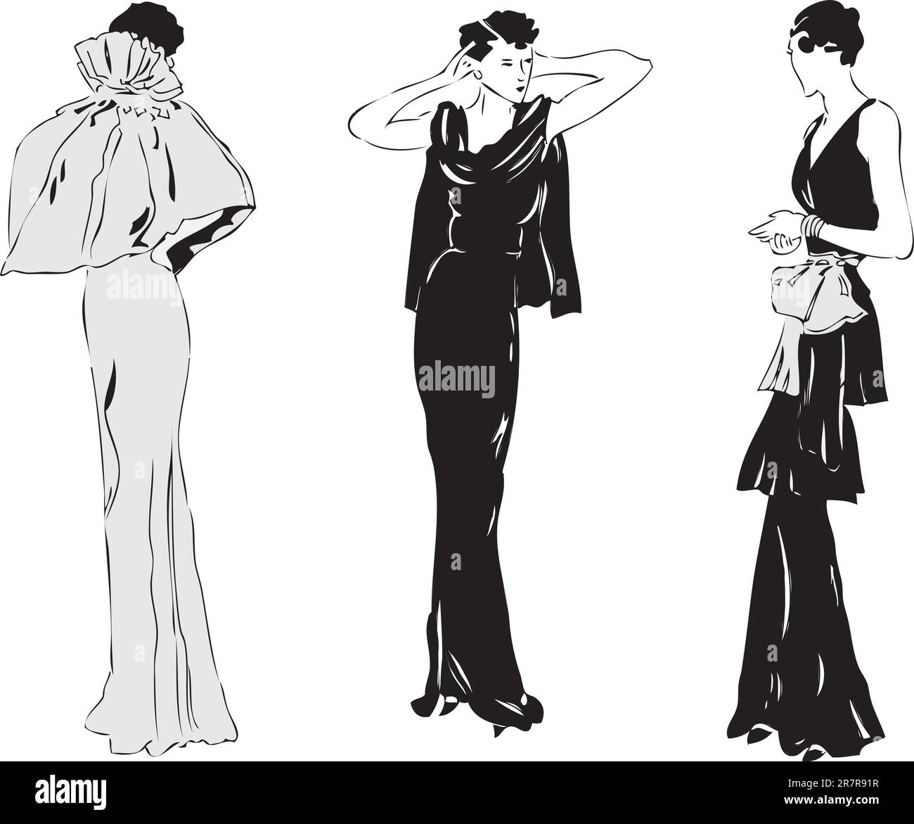 Modello di abbigliamento da sera elegante da donna. Illustrazione vettoriale. Illustrazione Vettoriale