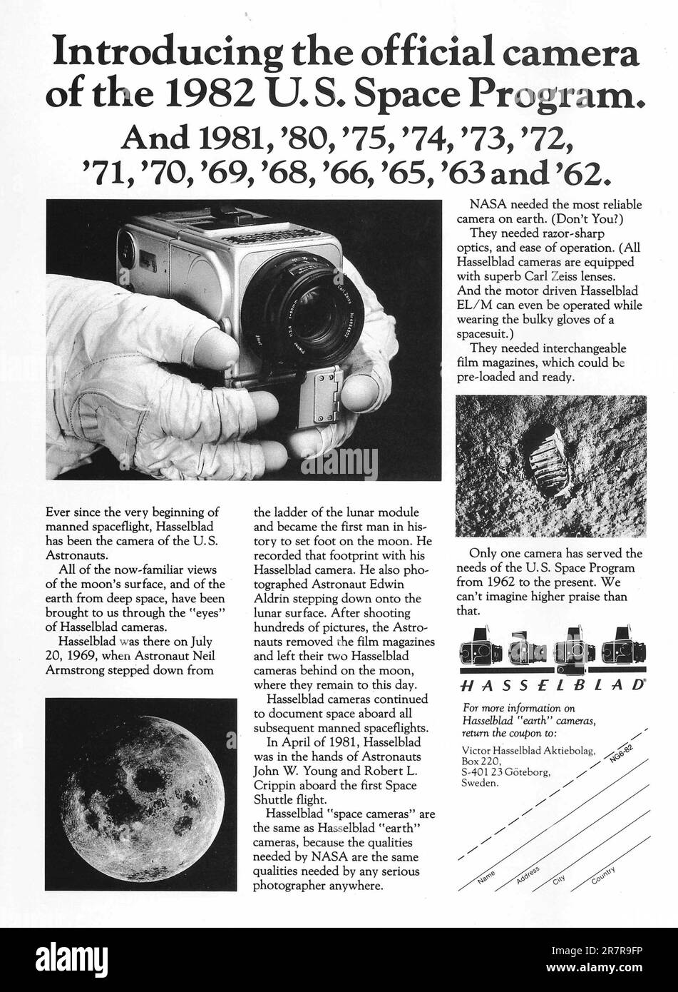 Hasselblad EL/M, telecamere spaziali Hasselblad, Hasselblad una fotocamera degli Stati Uniti Spacecraft, spot su una rivista 1982 Foto Stock Hasselblad EL/M, telecamere spaziali Hasselblad, Hasselblad una fotocamera degli Stati Uniti Spacecraft, spot su una rivista 1982 Foto Stock