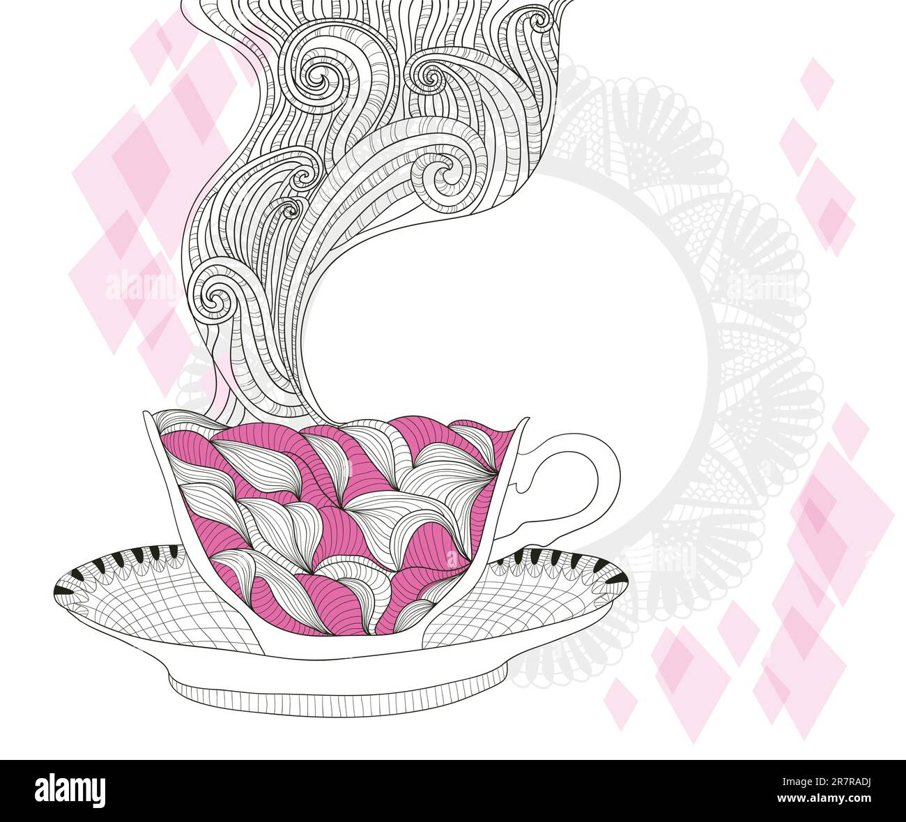 Caffè e tè mug con abstract doodle pattern. Tazza di sfondo. Bevanda calda nella splendida tazza. Illustrazione Vettoriale