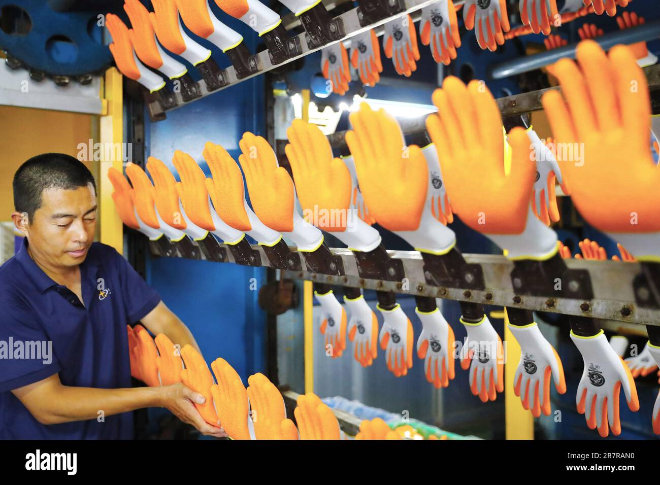 Un lavoratore lavora sulla linea di produzione di un produttore di guanti di protezione del lavoro nella città di Weifang, provincia di Shandong, Cina, 17 giugno 2023. Foto Stock