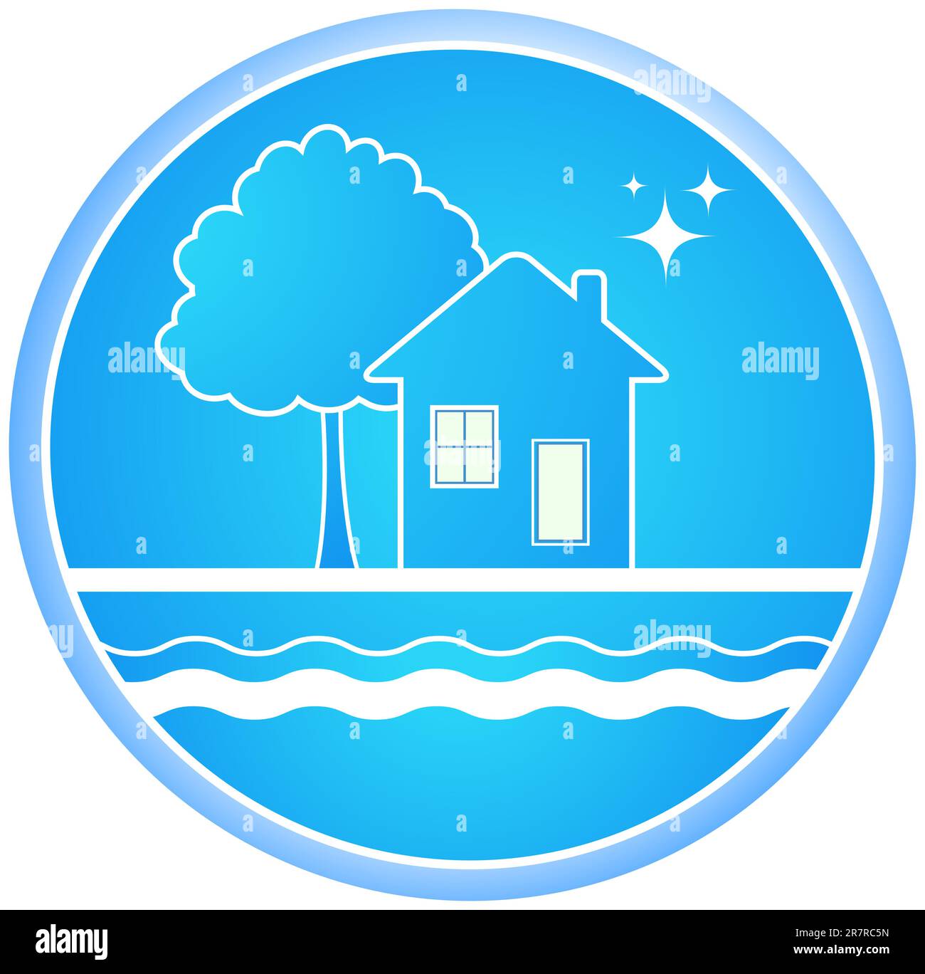 segno blu di ambiente pulito con casa e albero Illustrazione Vettoriale