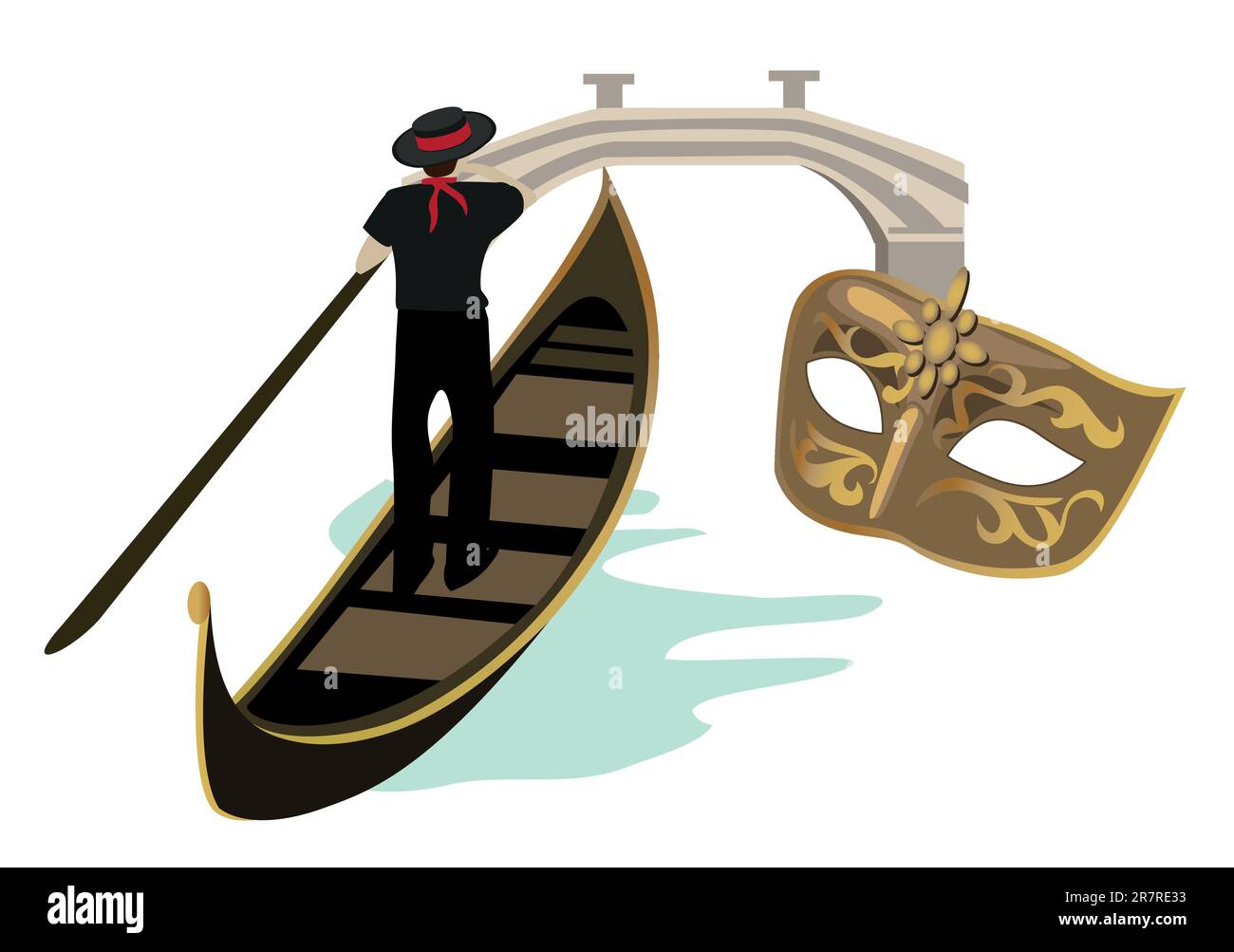 Venezia vista sul canale con un gondoliere sul suo gondola e una maschera Illustrazione Vettoriale