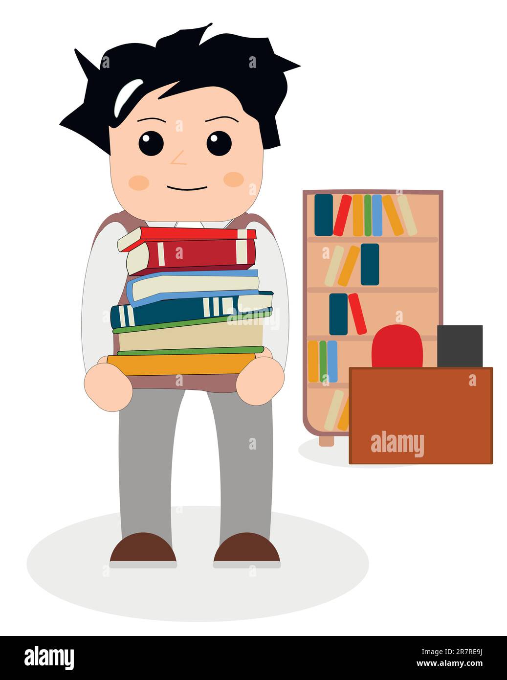 Il bibliotecario tiene una pila di libri Illustrazione Vettoriale