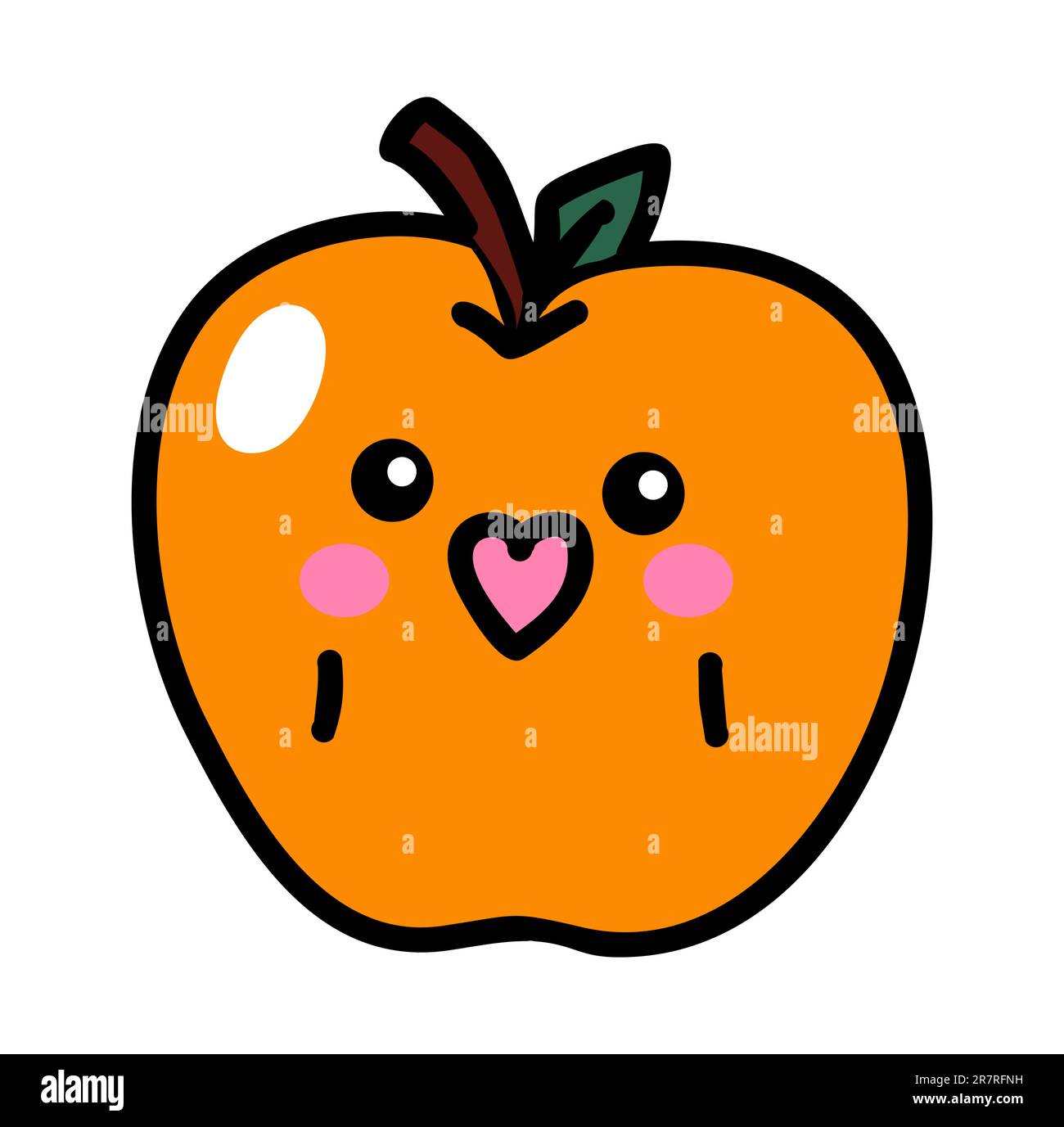 Carino kawaii mela arancione. Divertente vettore di frutta. Illustrazione Vettoriale
