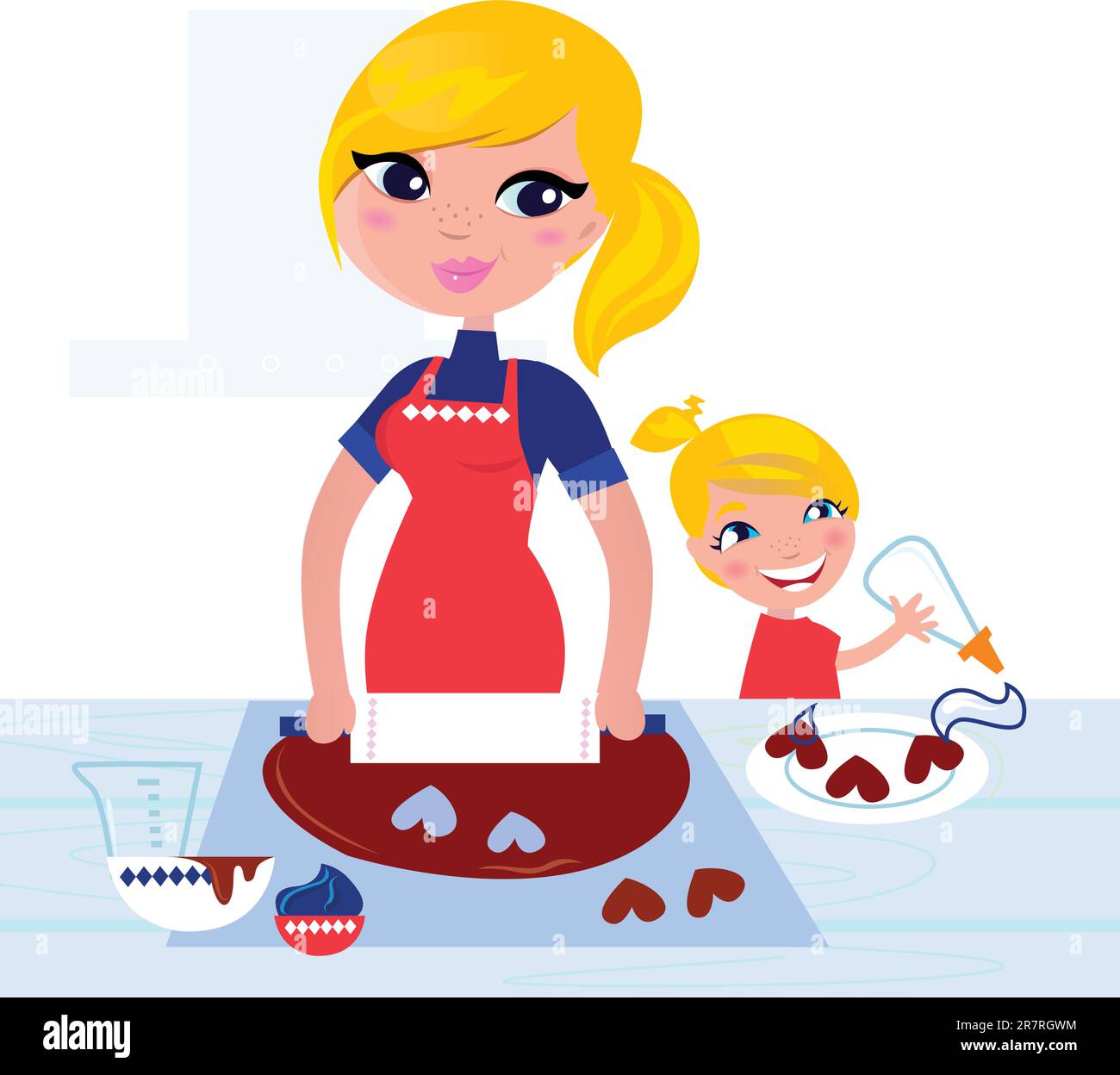 Felice bionda capelli madre con figlia che cuoce insieme. Vettore Illustrazione Vettoriale