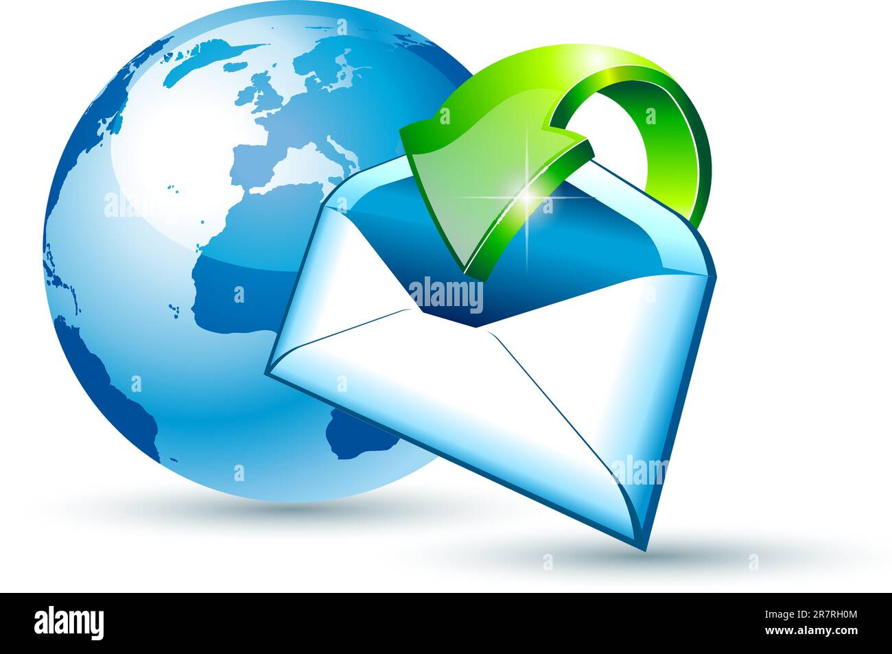 Illustation di concetto di e-mail per spedizioni e comunicazioni globali con una cartolina 3D lucida lucida e stile con una freccia che punta al centro del modello ... Illustrazione Vettoriale