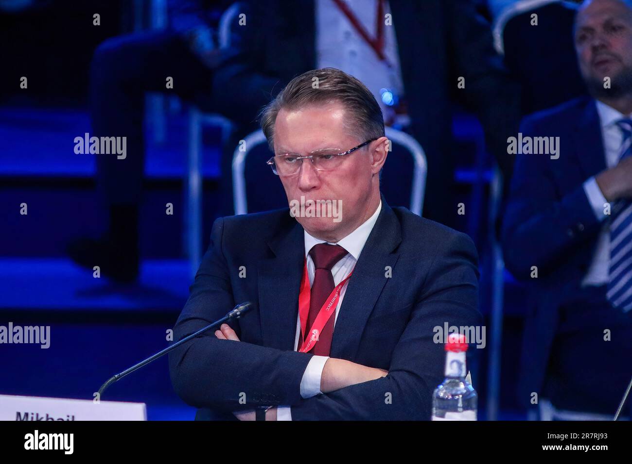 San Pietroburgo, Russia. 16th giugno, 2023. Mikhail Murashko, Ministro della Sanità della Federazione Russa, partecipa a una sessione sulla Scienza Biomedica come fattore chiave per raggiungere la sicurezza Nazionale nel quadro della St Petersburg International Economic Forum 2023 (SPIEF 2023). (Foto di Konstantinov/SOPA Image/Sipa USA) Credit: Sipa USA/Alamy Live News Foto Stock