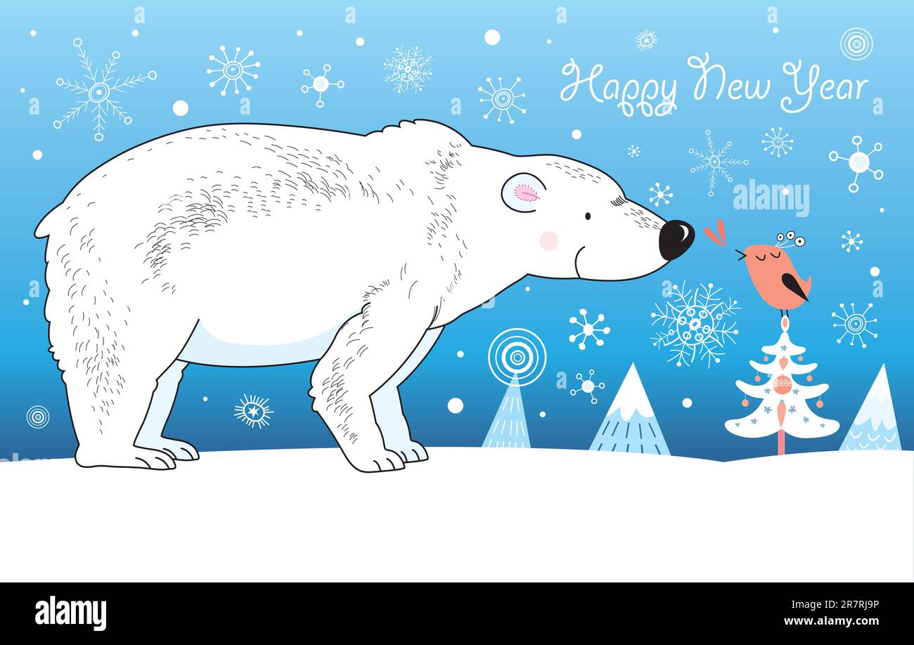 Cartolina di Natale con un orso bianco e un uccello su sfondo blu con fiocchi di neve Illustrazione Vettoriale