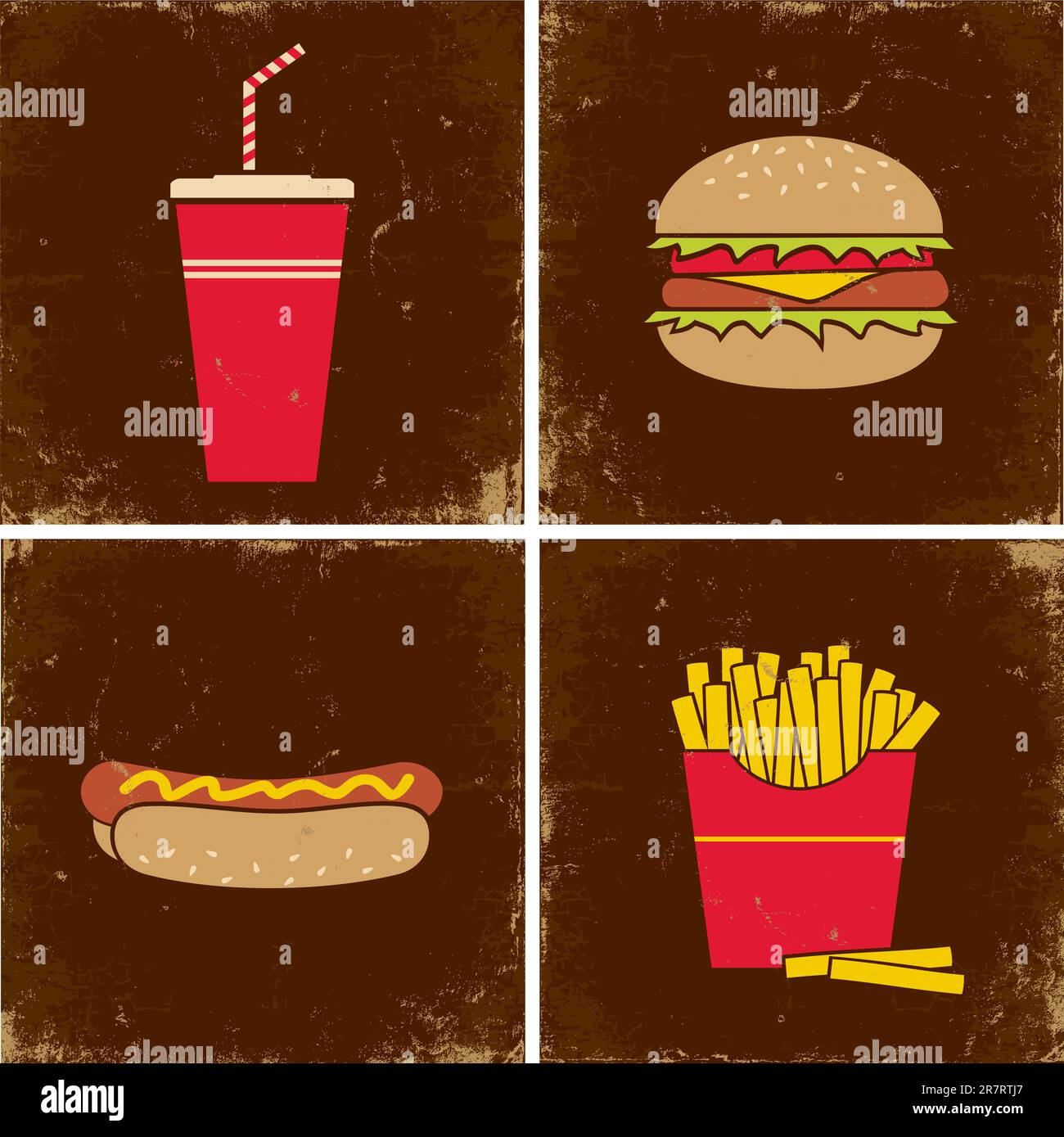 Illustrazioni cola, hamburger, patatine fritte e hot dog Illustrazione Vettoriale