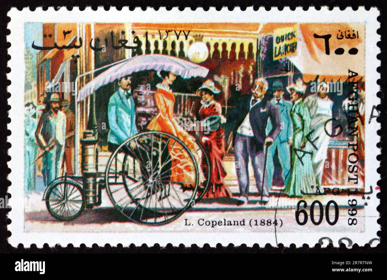 AFGHANISTAN - CIRCA 1998: Un francobollo stampato in Afghanistan mostra Lucius Copeland (1884), e il suo vapore Phaeton, il primo prodotto in serie con successo Th Foto Stock