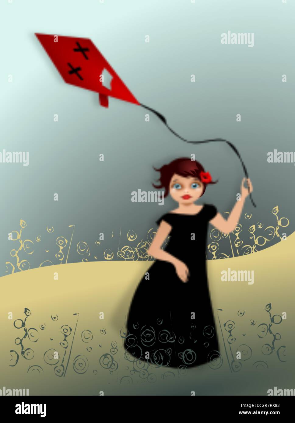 Aquilone. Illustrazione di una donna con un aquilone rosso nel prato. Illustrazione Vettoriale
