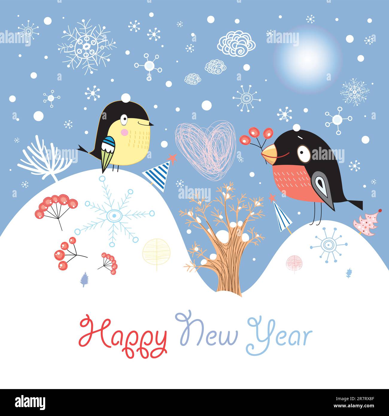 Carta di Capodanno con uccellini su sfondo lavanda e fiocchi di neve Illustrazione Vettoriale