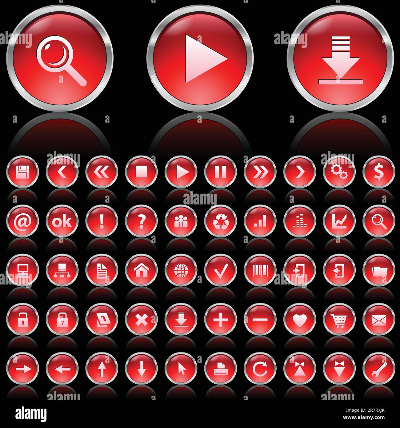 Set di icone rosse lucide su sfondo nero Illustrazione Vettoriale
