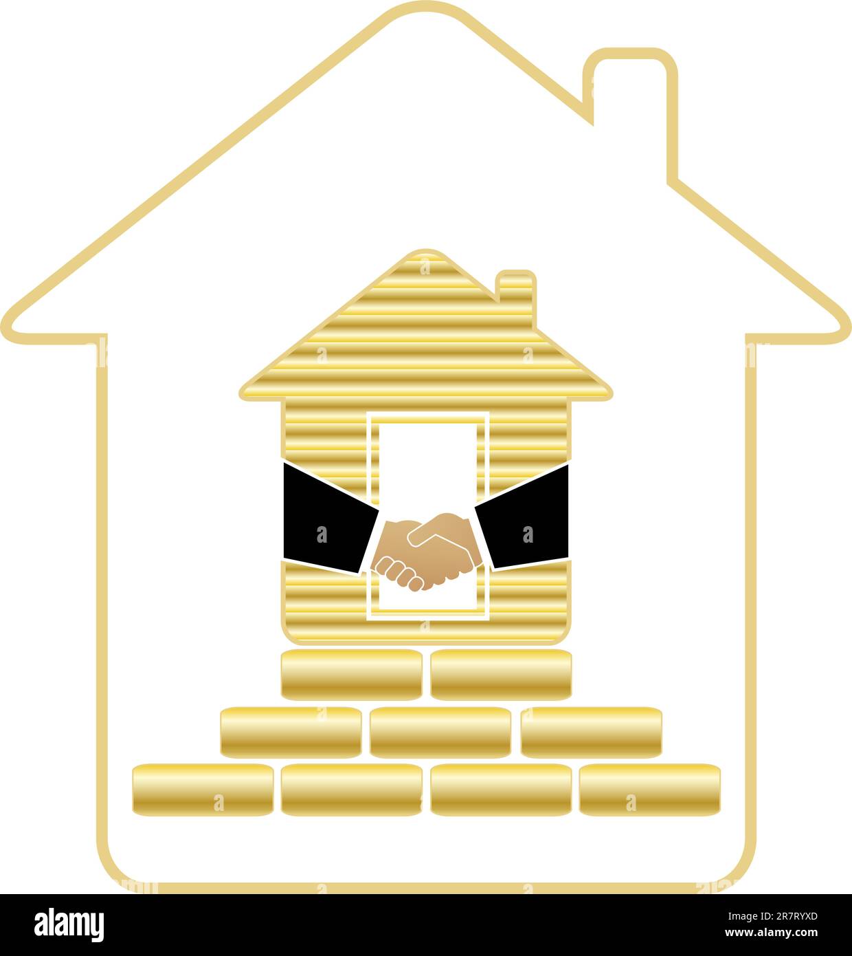 casa simbolo ricca con mattoni dorati e stretta di mano Illustrazione Vettoriale