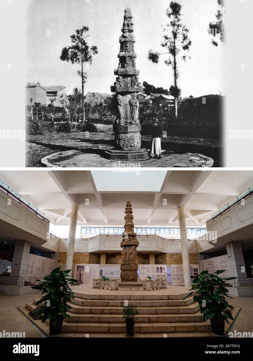 (230617) -- KUNMING, 17 giugno 2023 (Xinhua) -- sopra: Questa foto di file non data fornita dal fotografo cinese Yin Xiaojun mostra un sutra pilastro, una colonna di pietra inscritta con la Scrittura buddista, circa un secolo fa a Kunming, nel sud-ovest della Cina Yunnan Province.below: Questa foto scattata il 14 giugno 2023 dal fotografo Xinhua Jiang Wenyao mostra il pilastro sutra esposto nel Museo di Kunming, che è costruito sul sito originale del pilastro, a Kunming, nella provincia di Yunnan nella Cina sudoccidentale. Il diplomatico francese Auguste Francois arrivò a Kunming nel 1899. Durante i suoi 5 anni di permanenza in città, ha preso mille Foto Stock