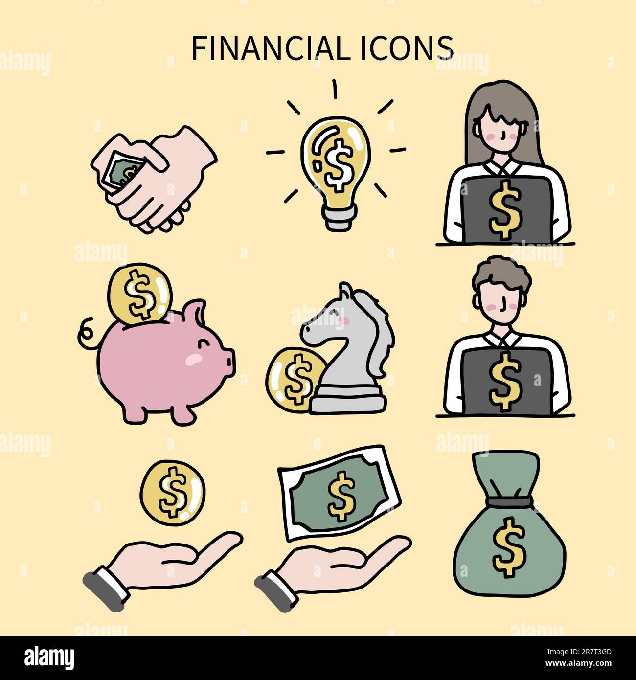 Icone finanziarie simpatiche illustrazioni vettoriali in stile doodle di cartoni animati Illustrazione Vettoriale