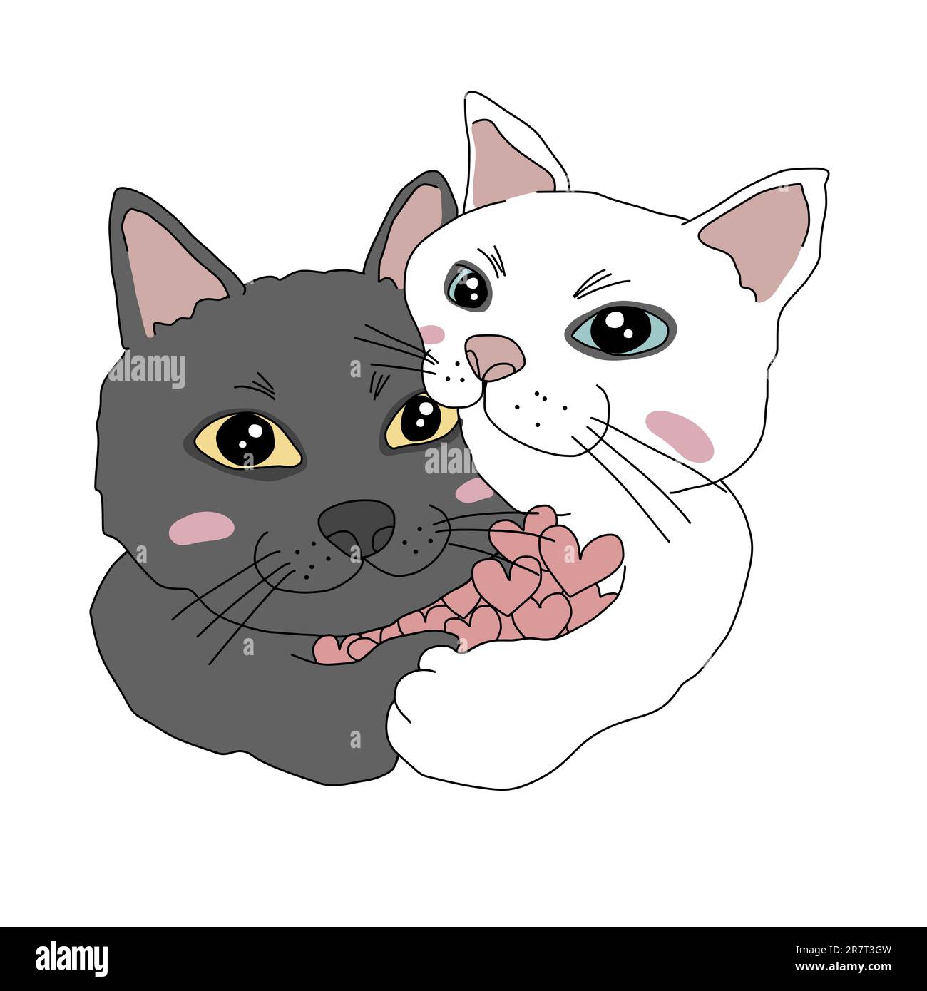 I gatti in bianco e nero amano e abbracciano le illustrazioni vettoriali dei cartoni animati Illustrazione Vettoriale