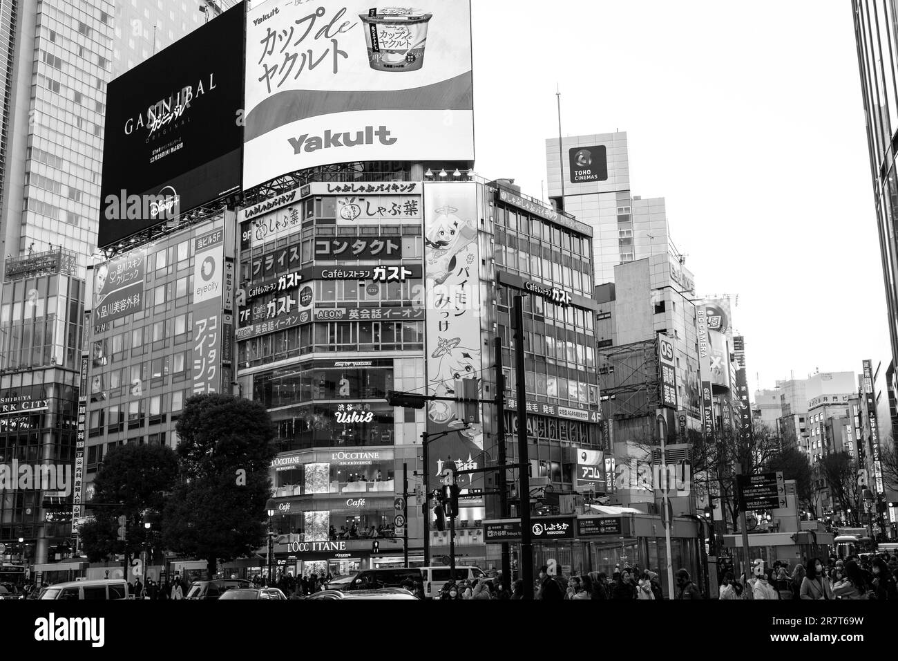 Shibuya, Giappone. 17th Jan, 2023. Il Shibuya scramble attraversamento pedonale con edifici circostanti e pubblicità. Paragonabile a Times Square, Shibuya Crossing è l'incrocio più trafficato al mondo con turisti, pendolari e Tokyoites, sia che visitino o trasferiscano le linee ferroviarie. La stazione di Shibuya e' servita dalle linee della metropolitana JR East, Tokyu e Tokyo. (Credit Image: © Taidgh Barron/ZUMA Press Wire) SOLO PER USO EDITORIALE! Non per USO commerciale! Foto Stock