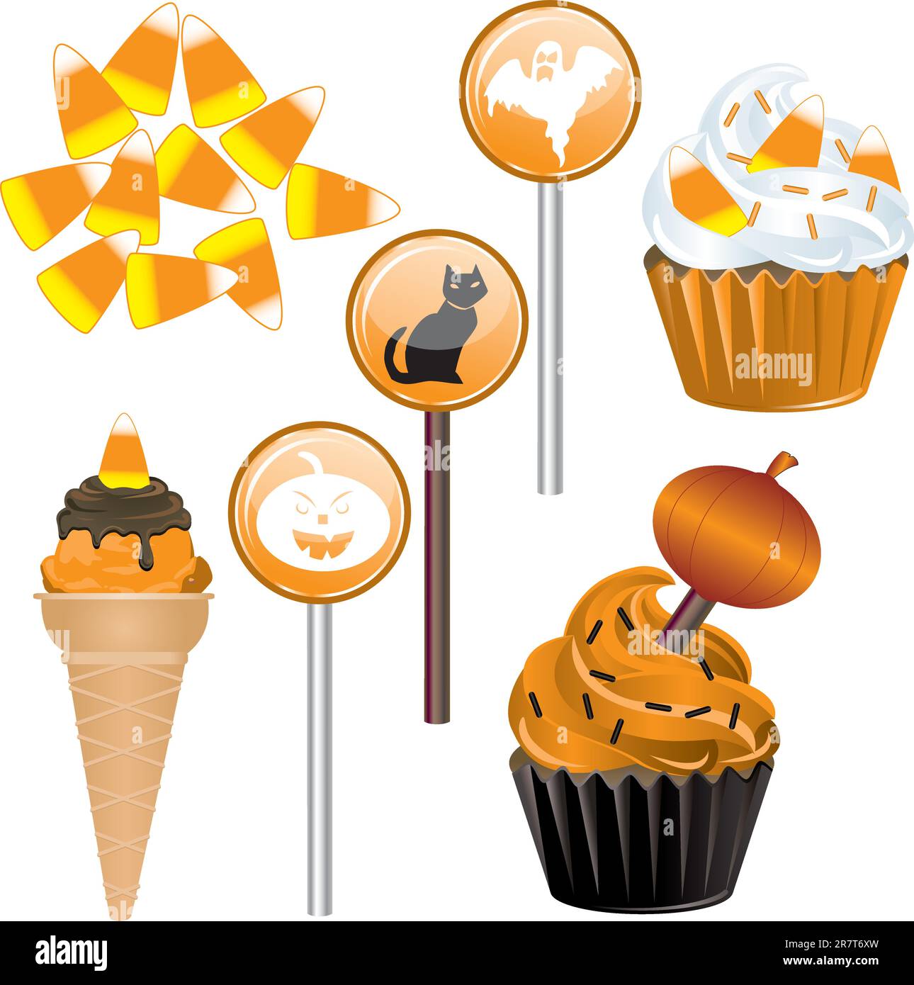 Illustrazione Vettoriale di sette diverse Halloween Candy e tortini. Illustrazione Vettoriale