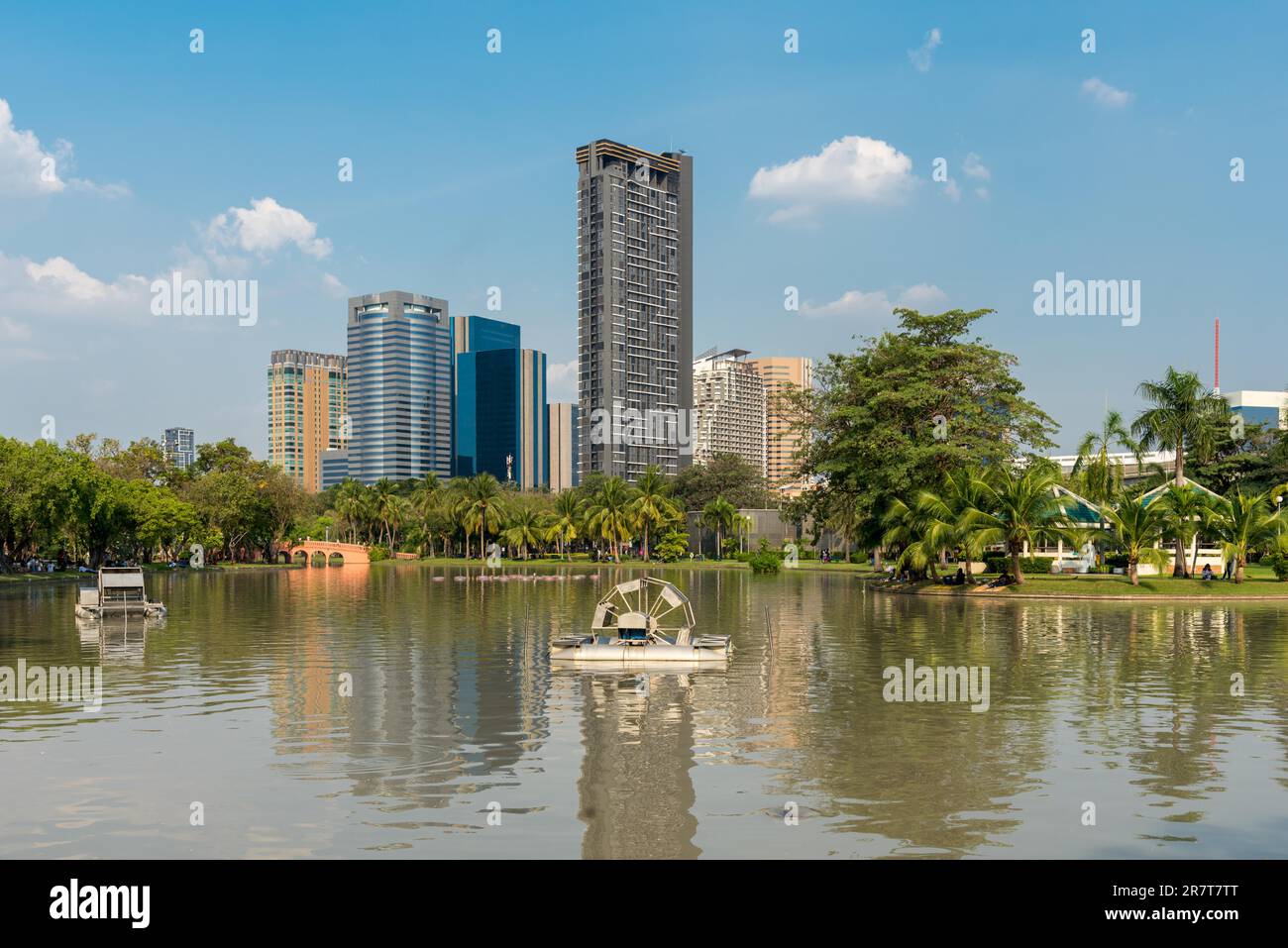 Il parco Chatuchak è uno dei più antichi parchi pubblici di Bangkok. Un lago artificiale corre lungo questo parco sottile e lungo con numerosi ponti che attraversano Foto Stock