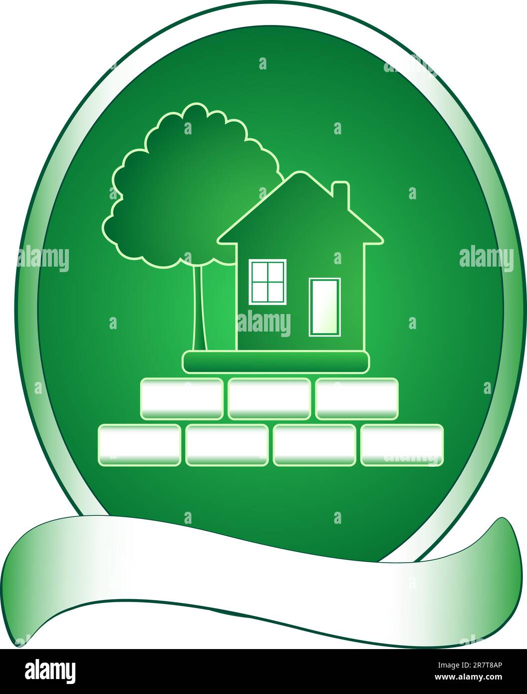 Emblema con casa verde, albero e ricco Illustrazione Vettoriale