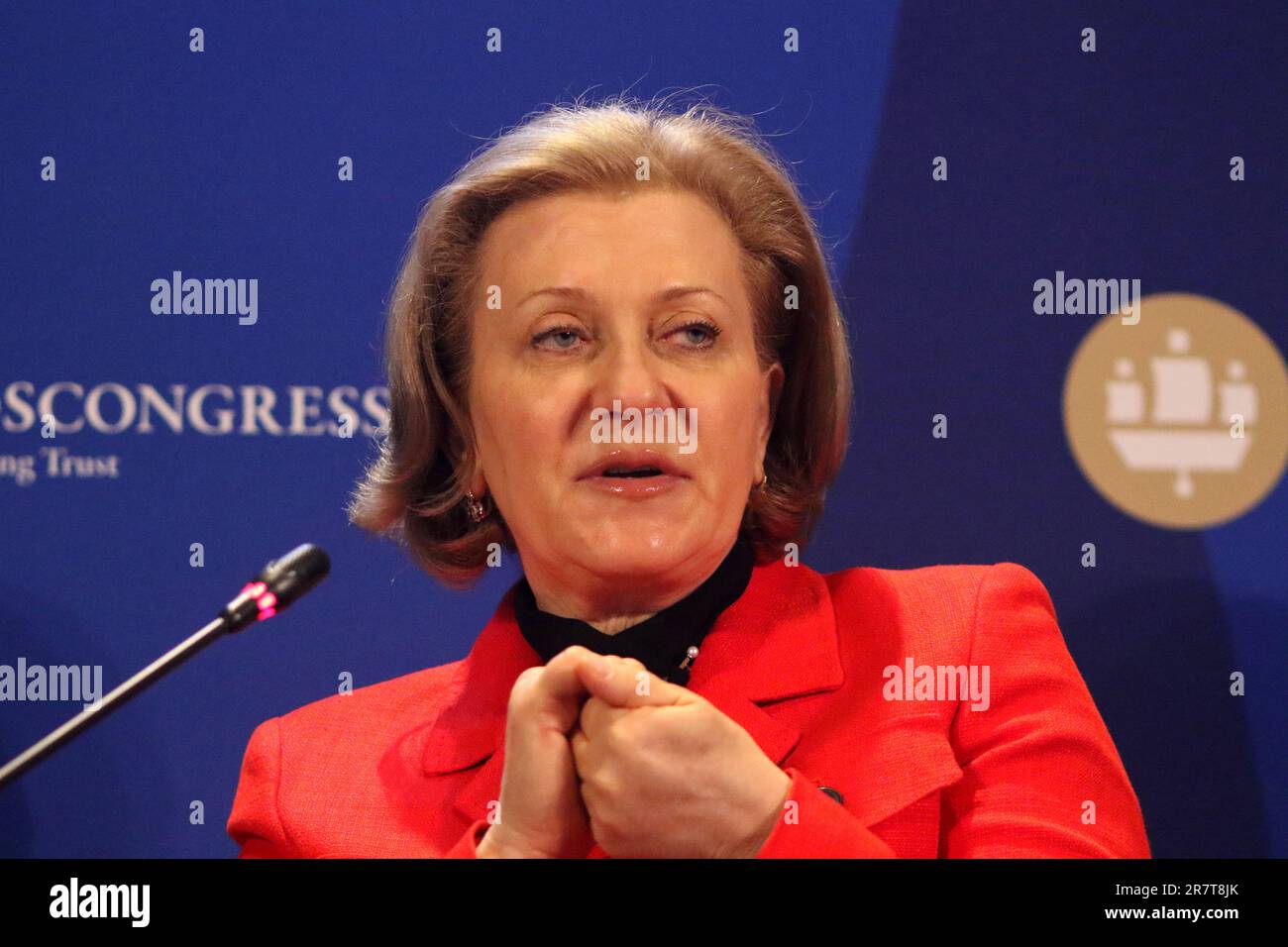 San Pietroburgo, Russia. 16th giugno, 2023. Anna Popova, responsabile del Servizio federale di sorveglianza sulla protezione dei diritti dei consumatori e del benessere umano - Capo Stato medico sanitario della Federazione russa, partecipa a una sessione su alimentazione sana - sviluppo sano nel quadro della St Petersburg International Economic Forum 2023 (SPIEF 2023). (Foto di Konstantinov/SOPA Images/Sipa USA) Credit: Sipa USA/Alamy Live News Foto Stock