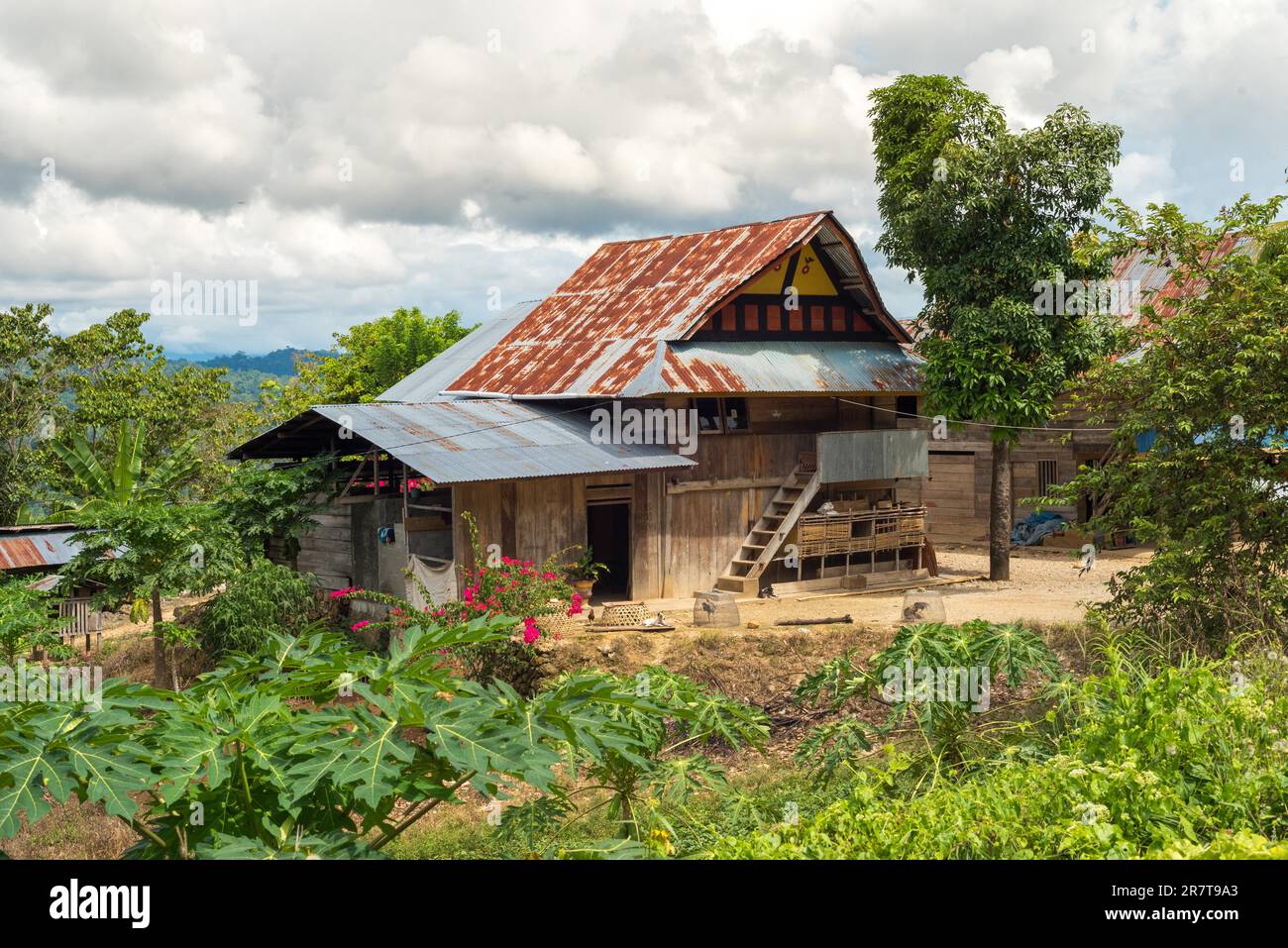Borghi di strada con tipica casa in legno dei lavoratori duri nella campagna di Sulawesi, spesso senza acqua ed elettricità Foto Stock