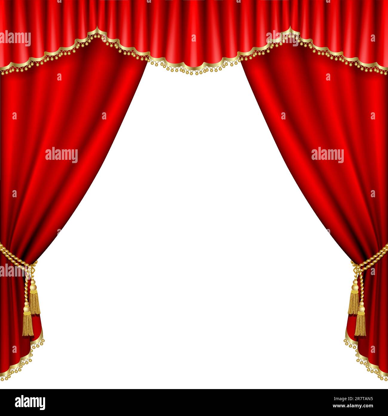 Palcoscenico con tenda rossa. Isolato su bianco. Illustrazione Vettoriale