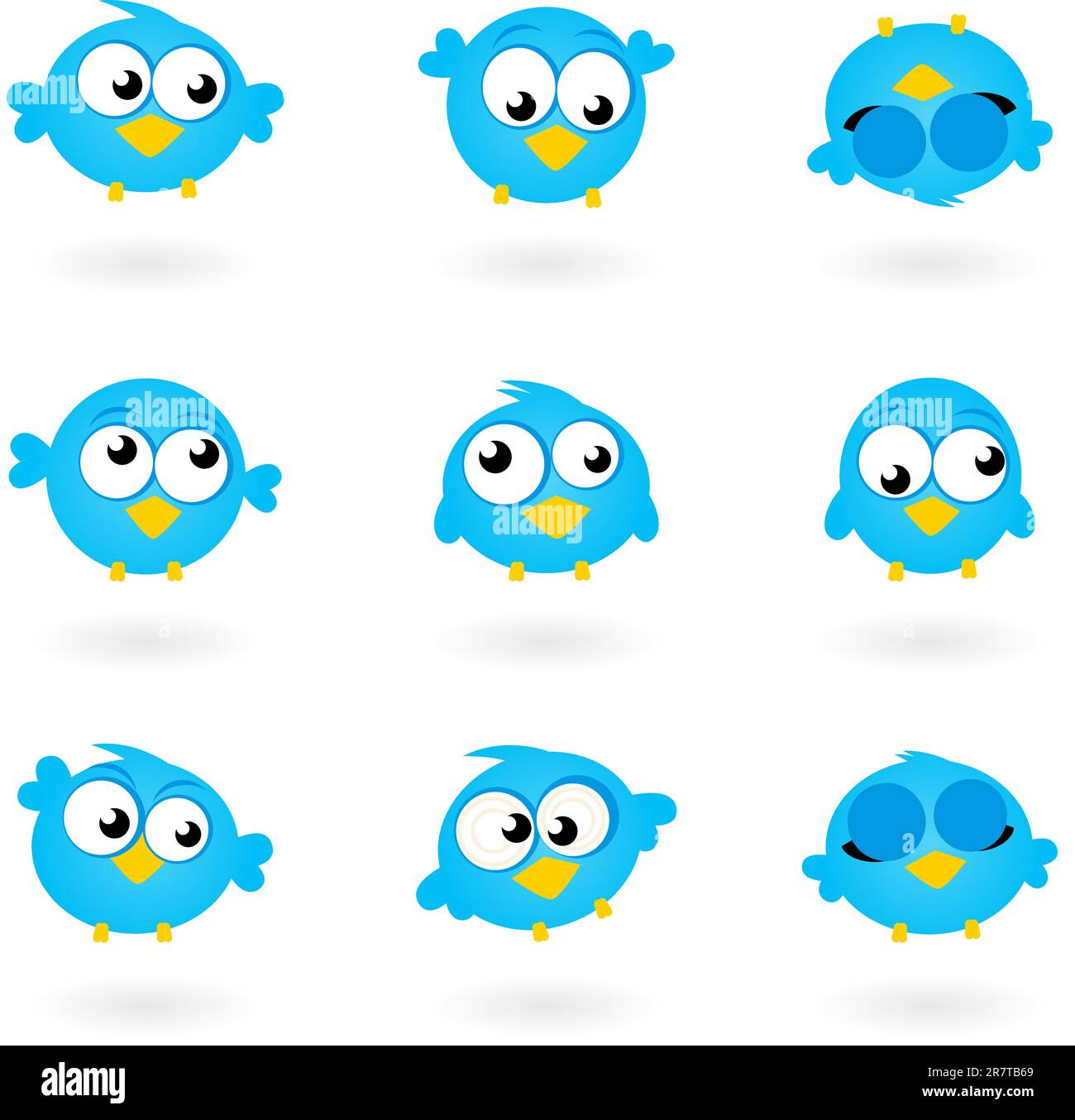 Blue Funny Twitter Birds Collection. Icone vettoriali Illustrazione Vettoriale