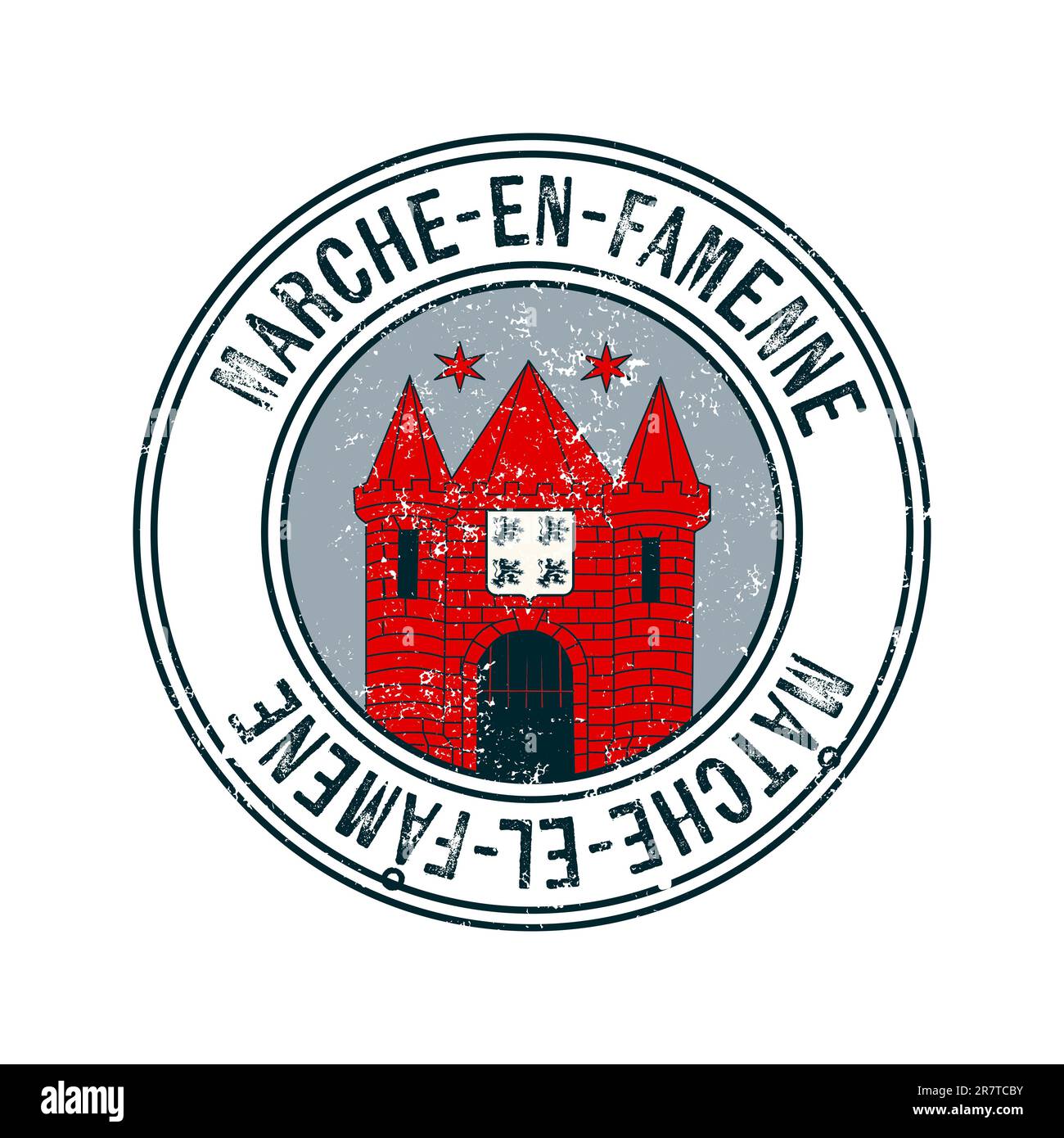 Marche en Famenne, Belgio francobollo di gomma vettoriale a grunge su sfondo bianco Foto Stock