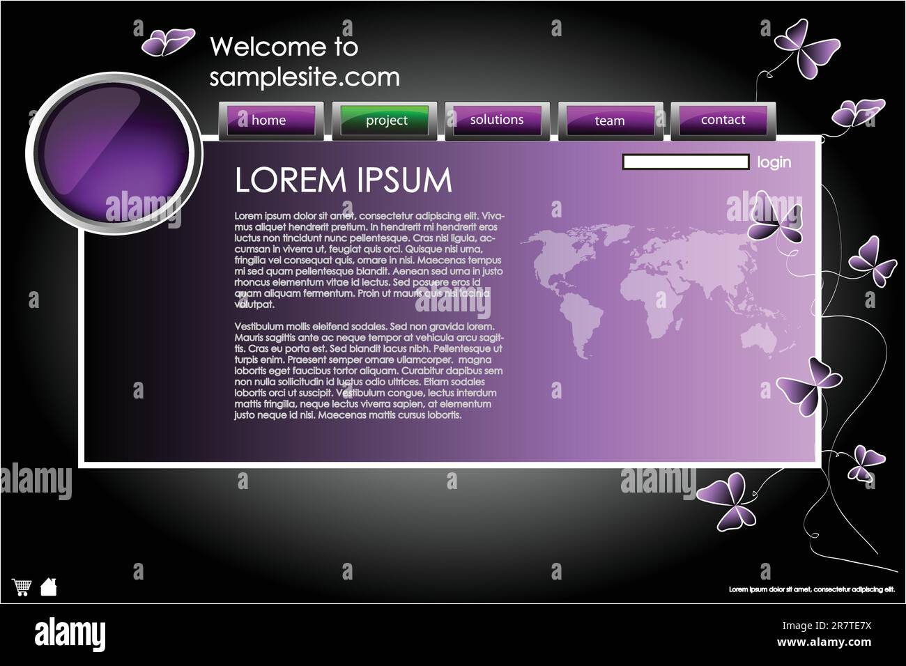 modello di progettazione di siti web per aziende con sfondo viola, cornice bianca, frecce e farfalle Illustrazione Vettoriale